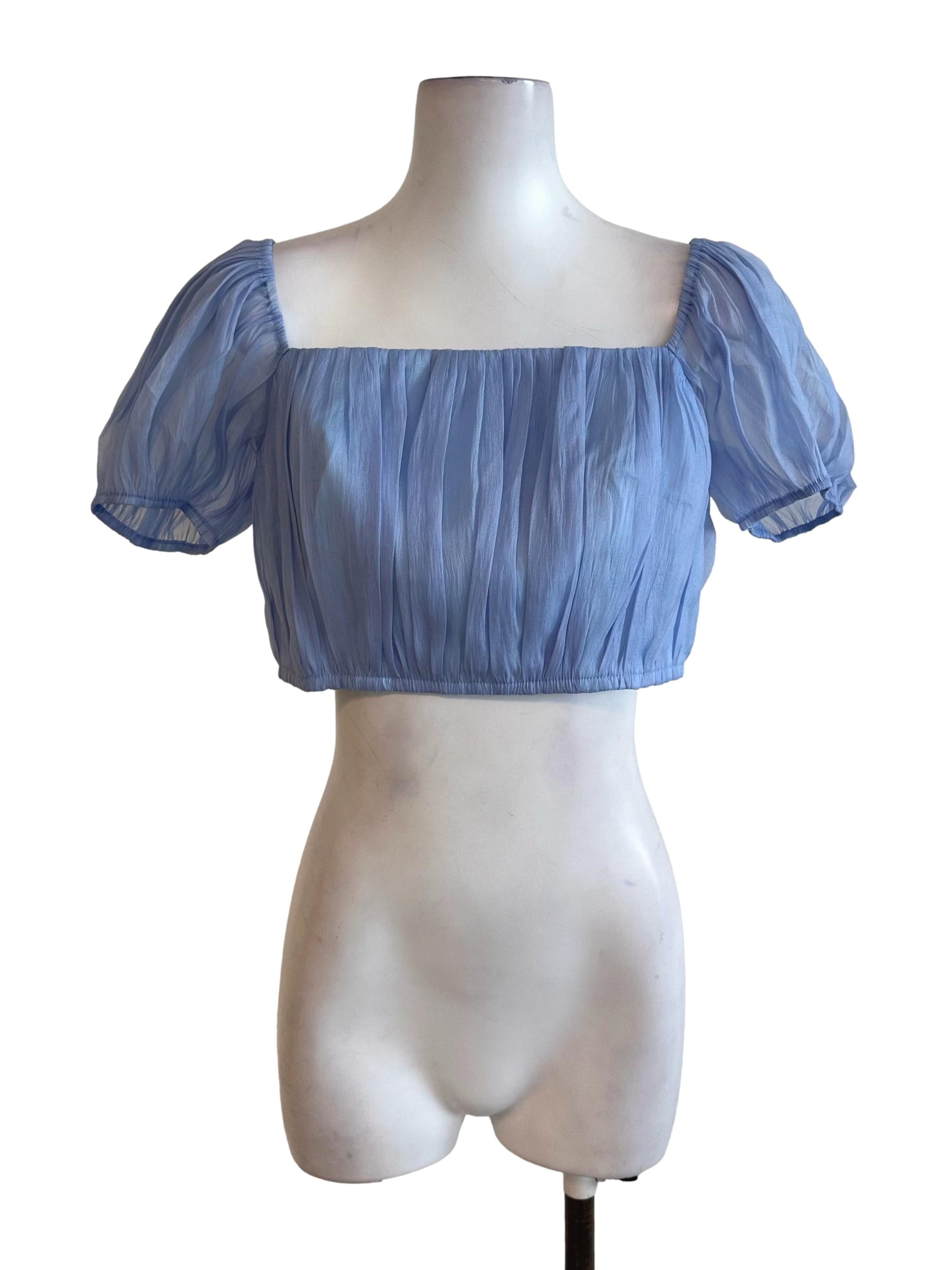 Sky Blue Ruched Puff Sleeve Top