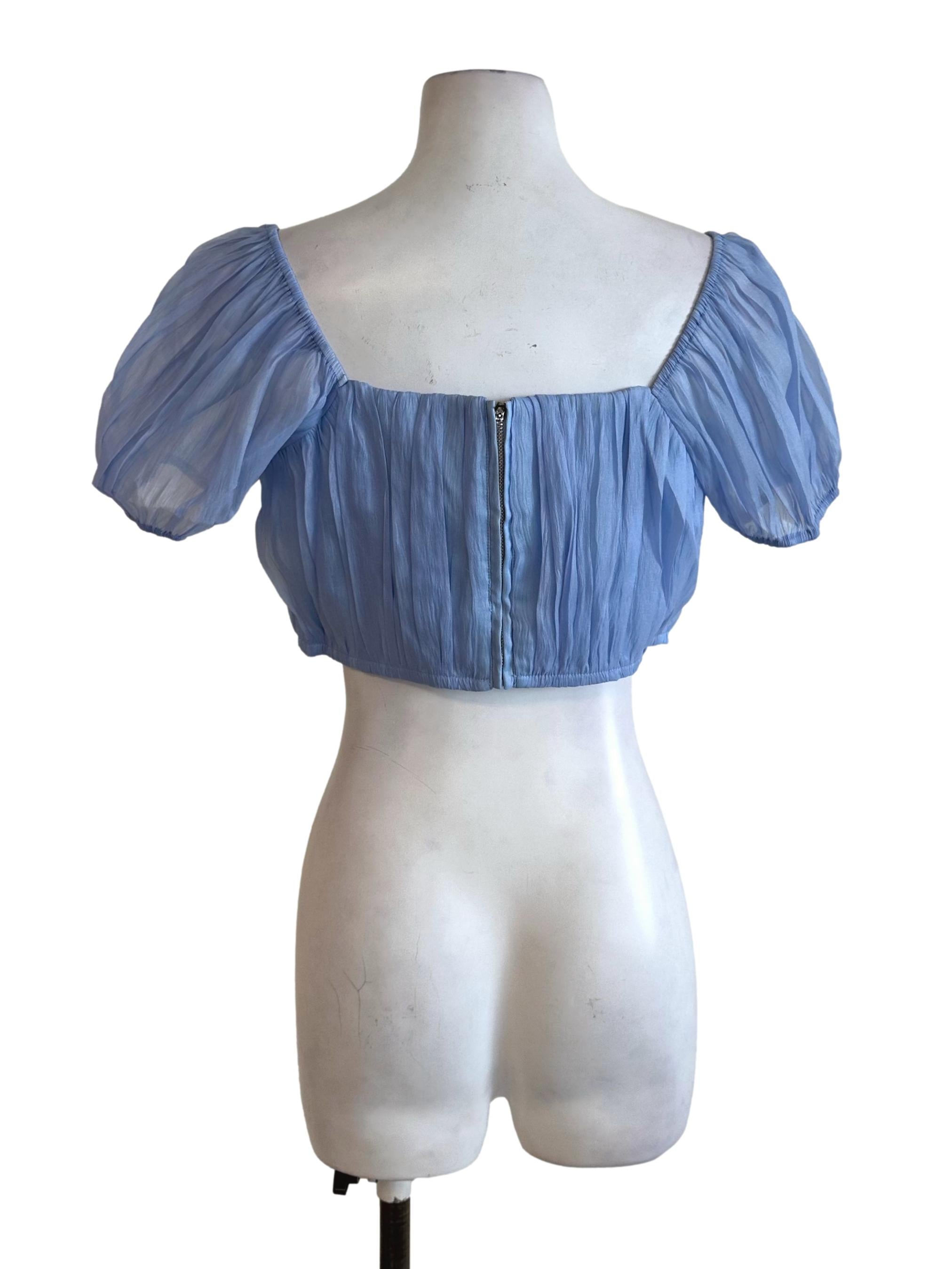 Sky Blue Ruched Puff Sleeve Top