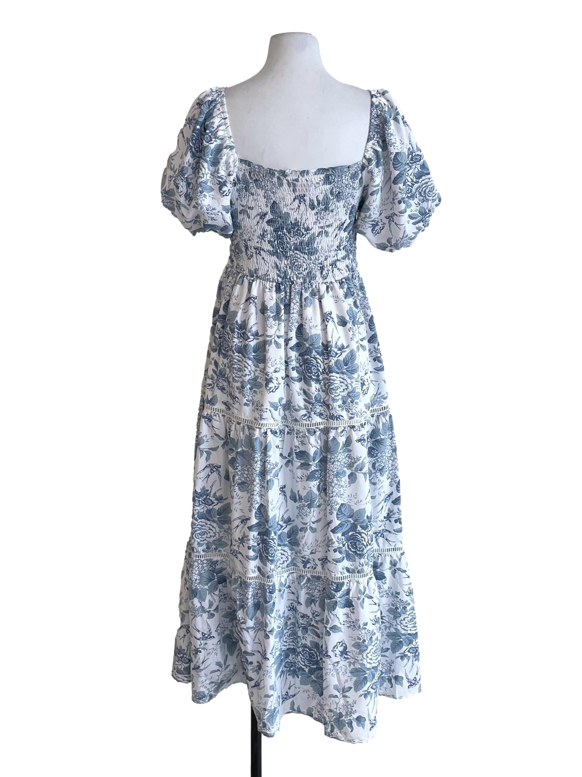 White & Aegean Blue Floral Shirred Dress