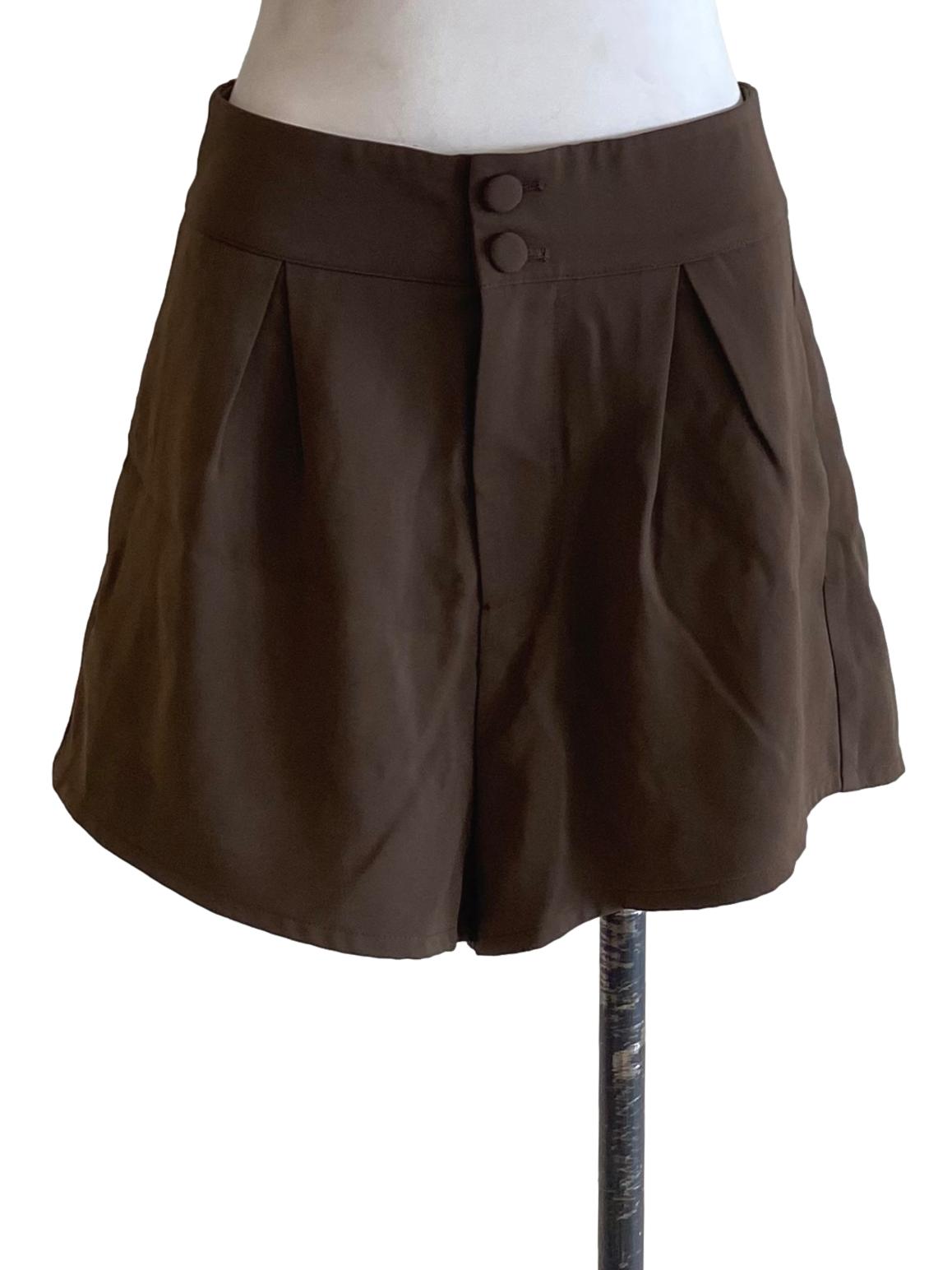 Carob Mocha Brown Pleat With Two Buttons Shorts