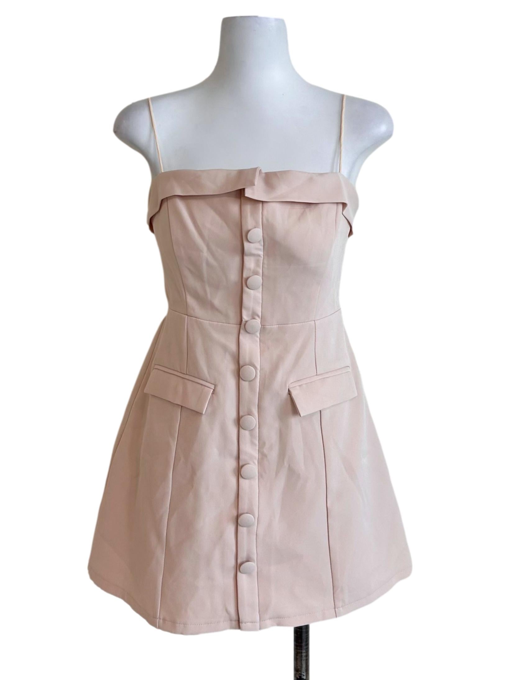 Buttoned Pink Strappy Structured Dress