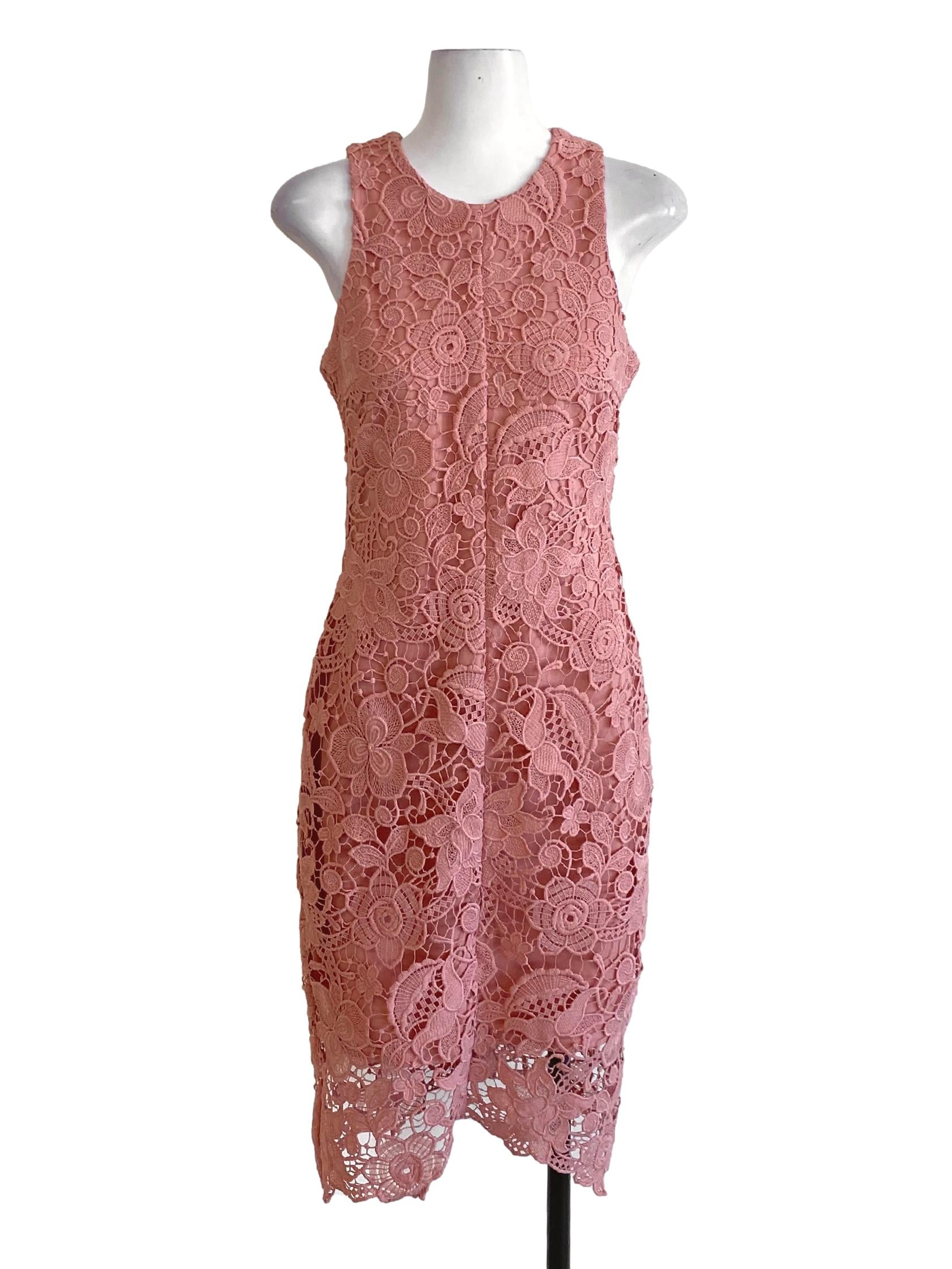 Light Rosewood Pink Floral Lace Round Neck Bodycon Dress
