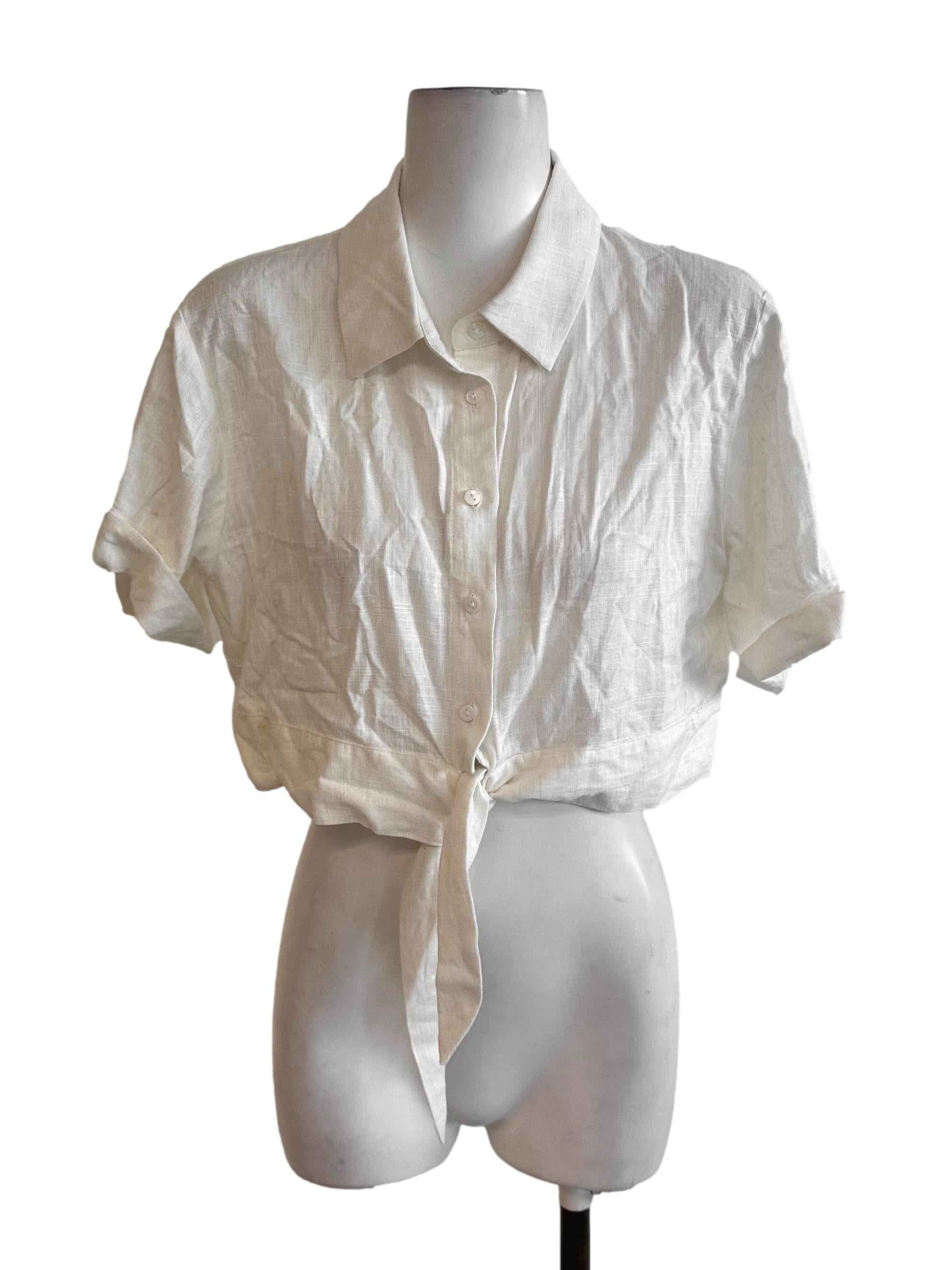 Oat White Collar Textured Button Front Tie Top LB