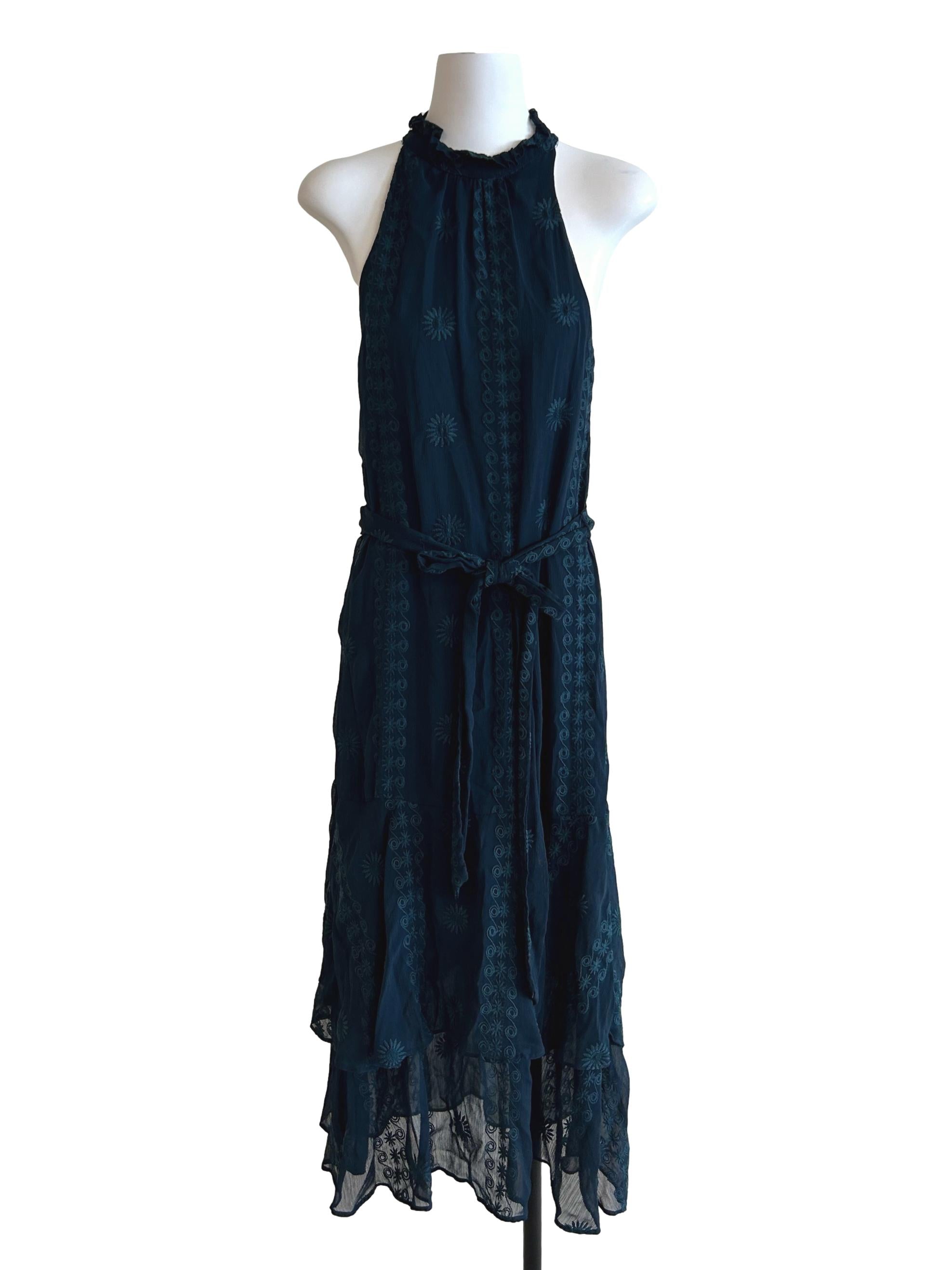 Peacock Blue Embroidered Halter Dress