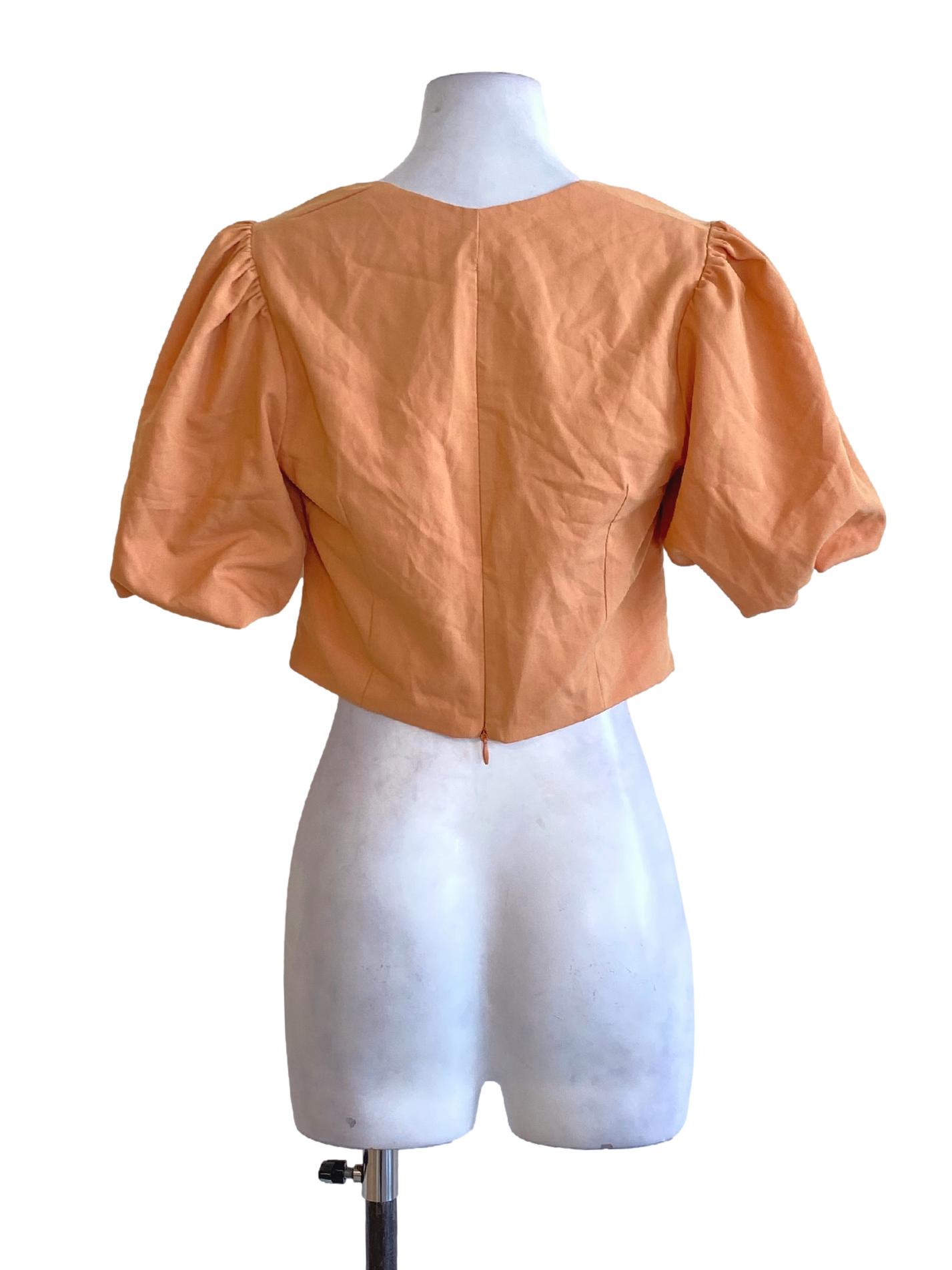 Fire Orange Sweetheart Wrap Bust Balloon Sleeve Cropped Top