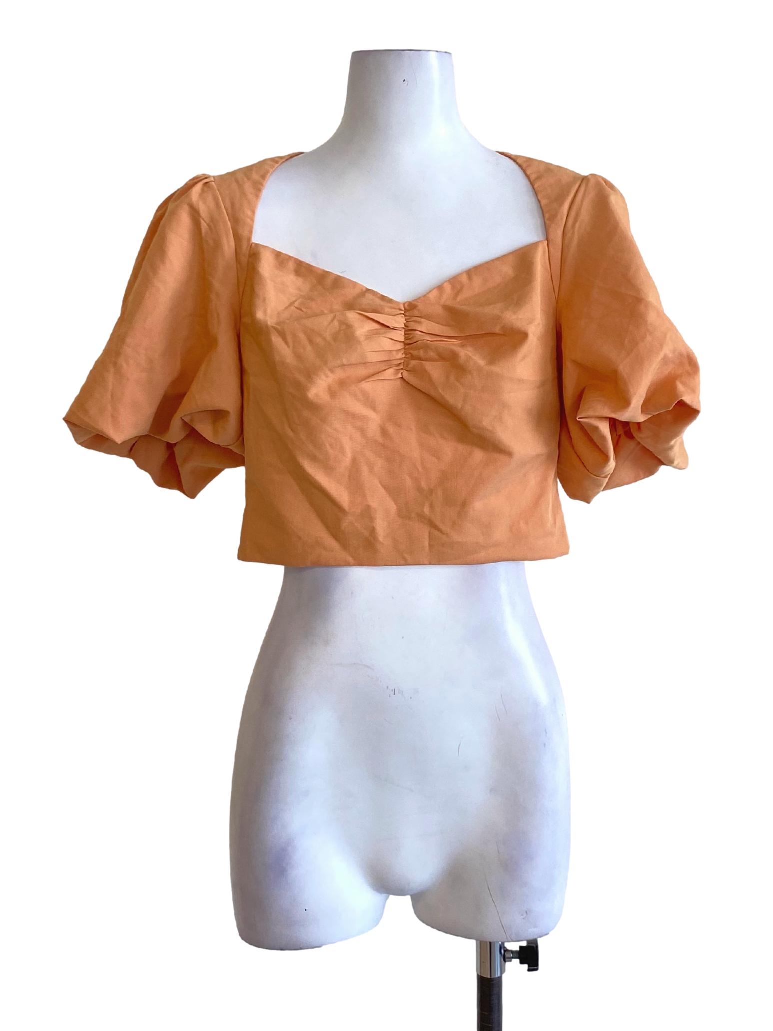 Fire Orange Sweetheart Wrap Bust Balloon Sleeve Cropped Top