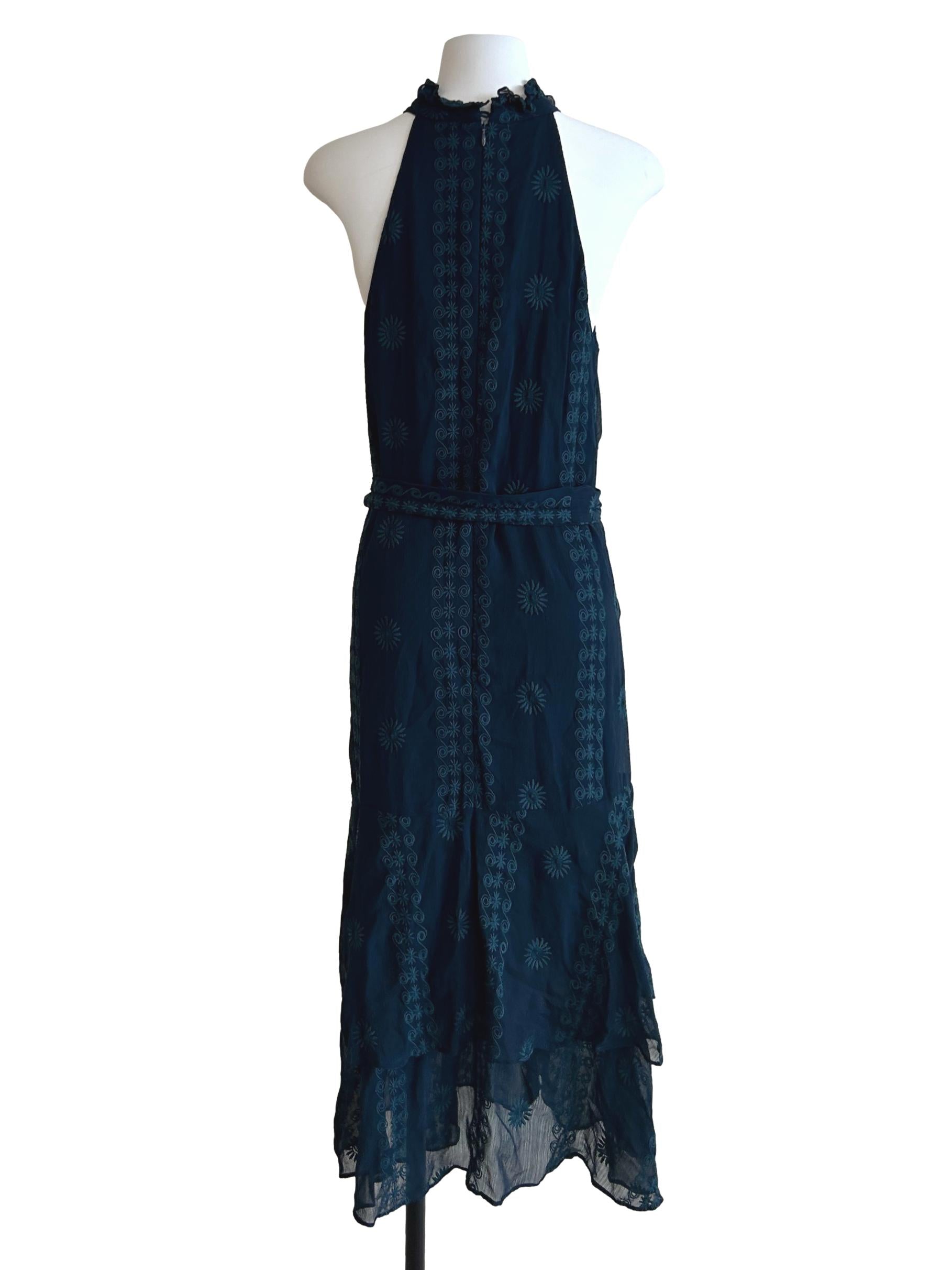 Peacock Blue Embroidered Halter Dress