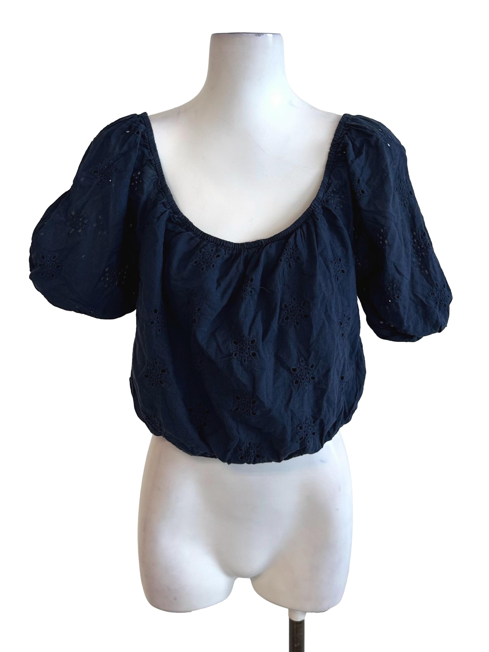 Navy Blue Scoop Eyelet Embroidery Top