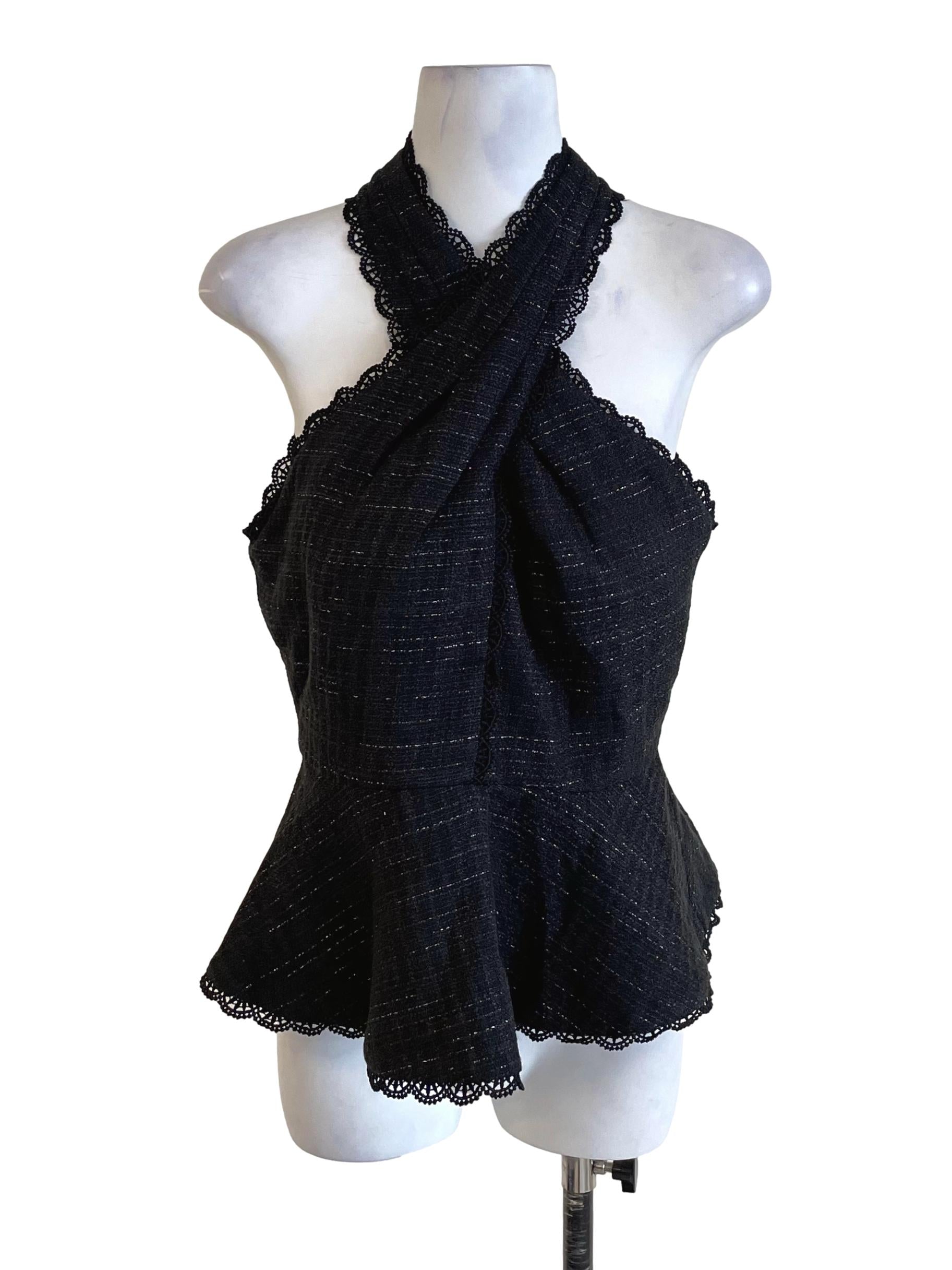Charcoal Grey Crossed Halter Neck Peplum Tweed Top