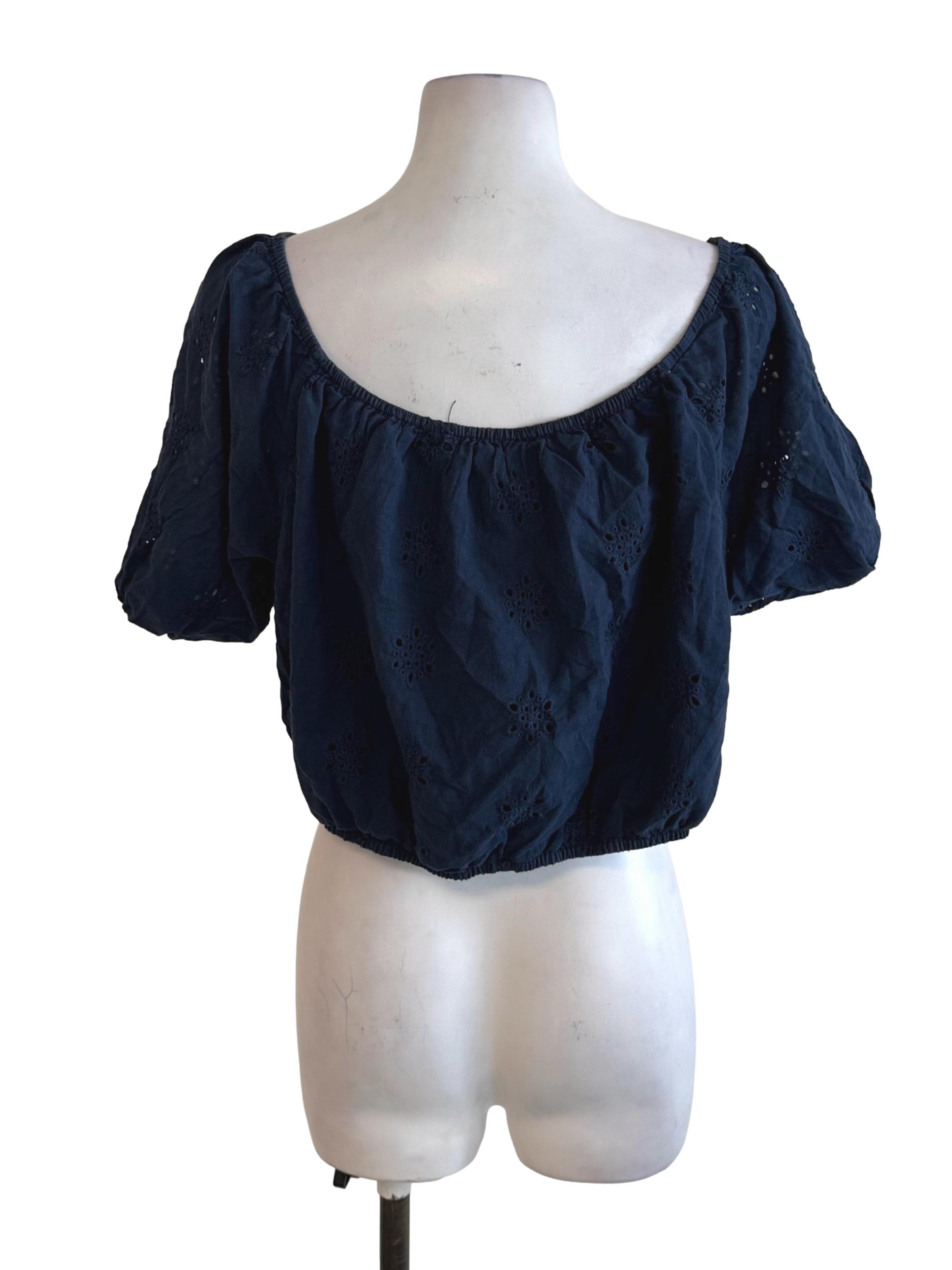 Navy Blue Scoop Eyelet Embroidery Top