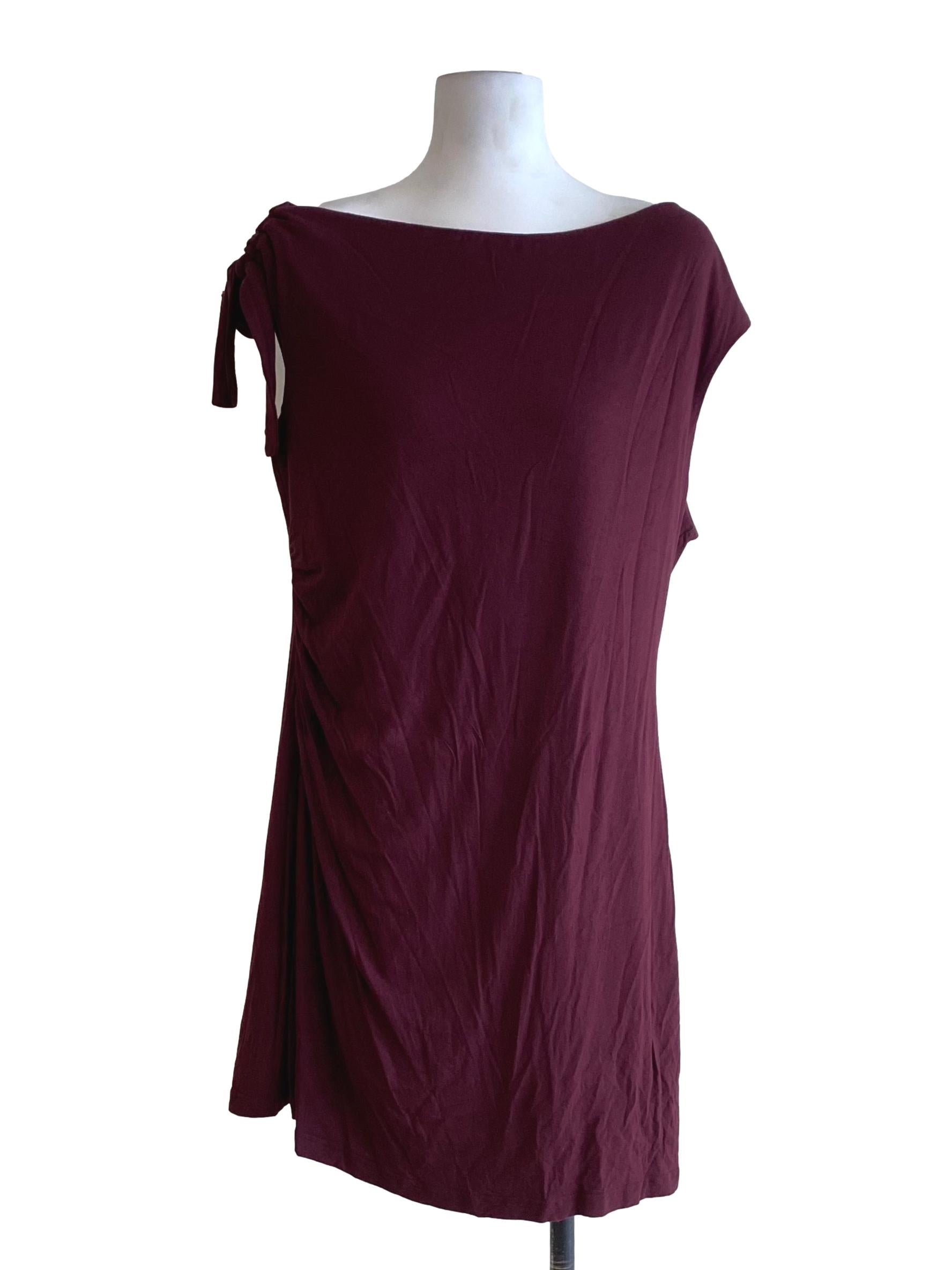 Dark Plum Red One Side Tied Pleat Dress
