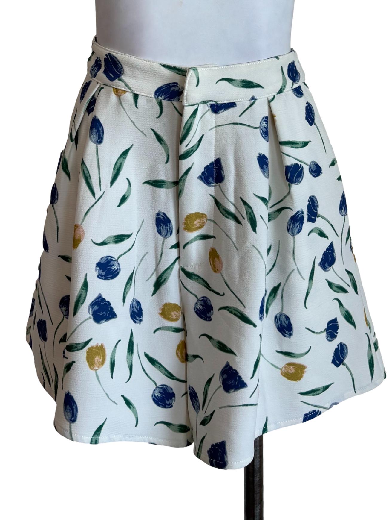 White Floral Pleated Shorts
