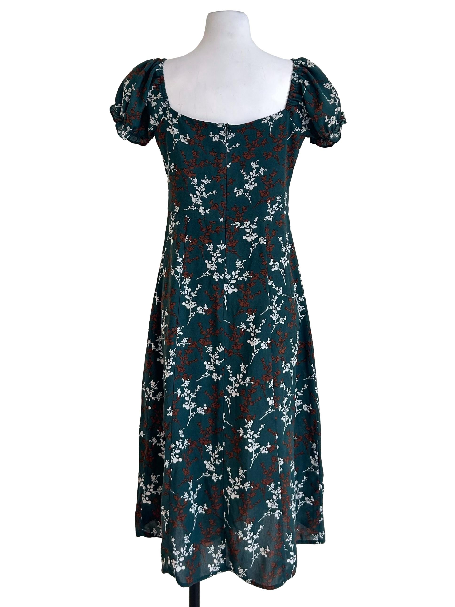 Floral Dark Green Puff-Sleeve Dress