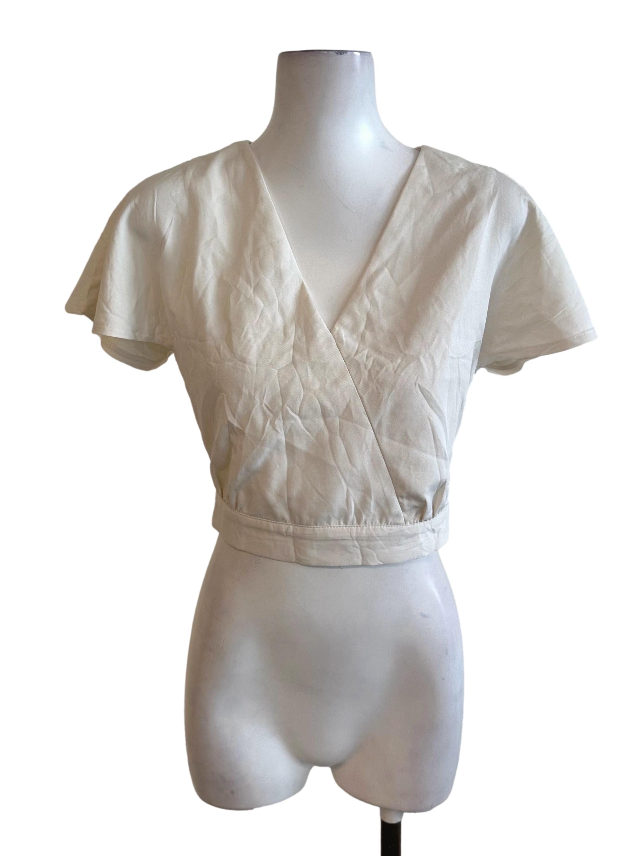 Oat White V Neck Overlap Back Tie Top