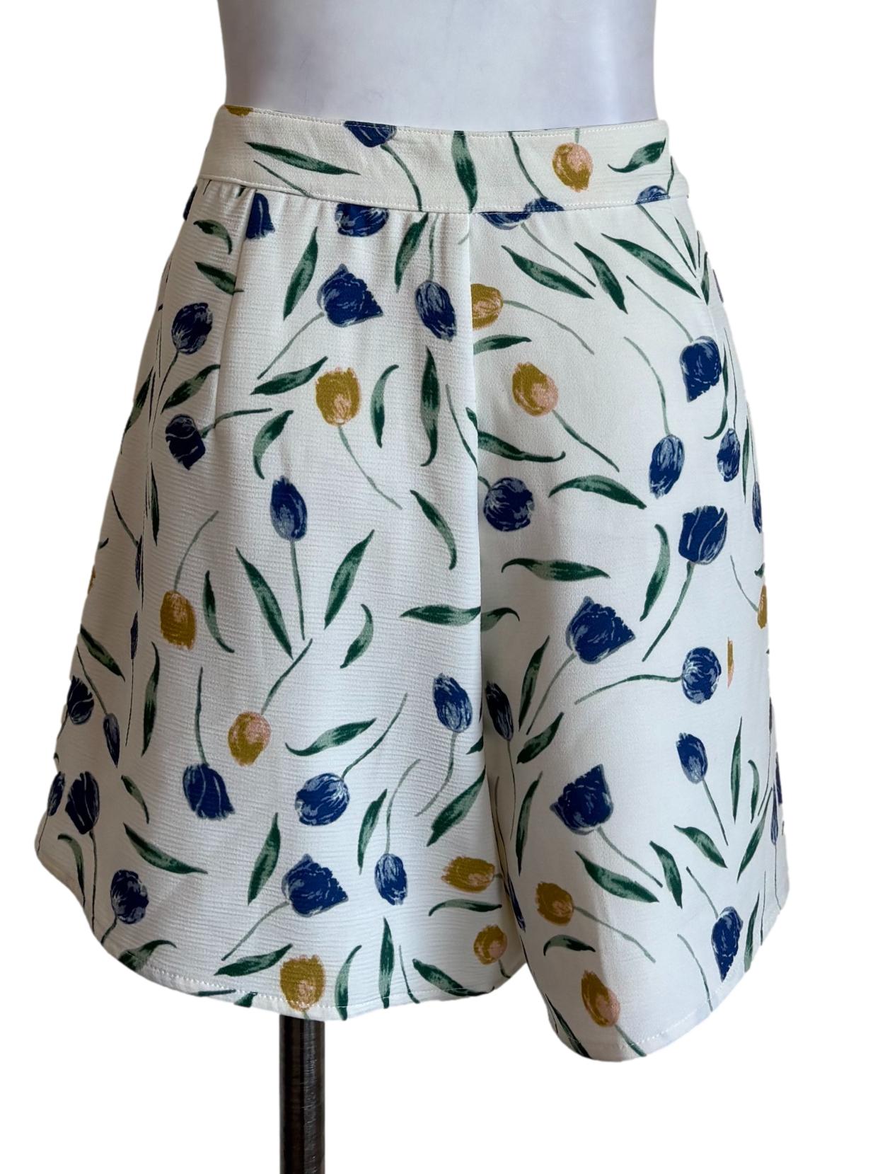 White Floral Pleated Shorts