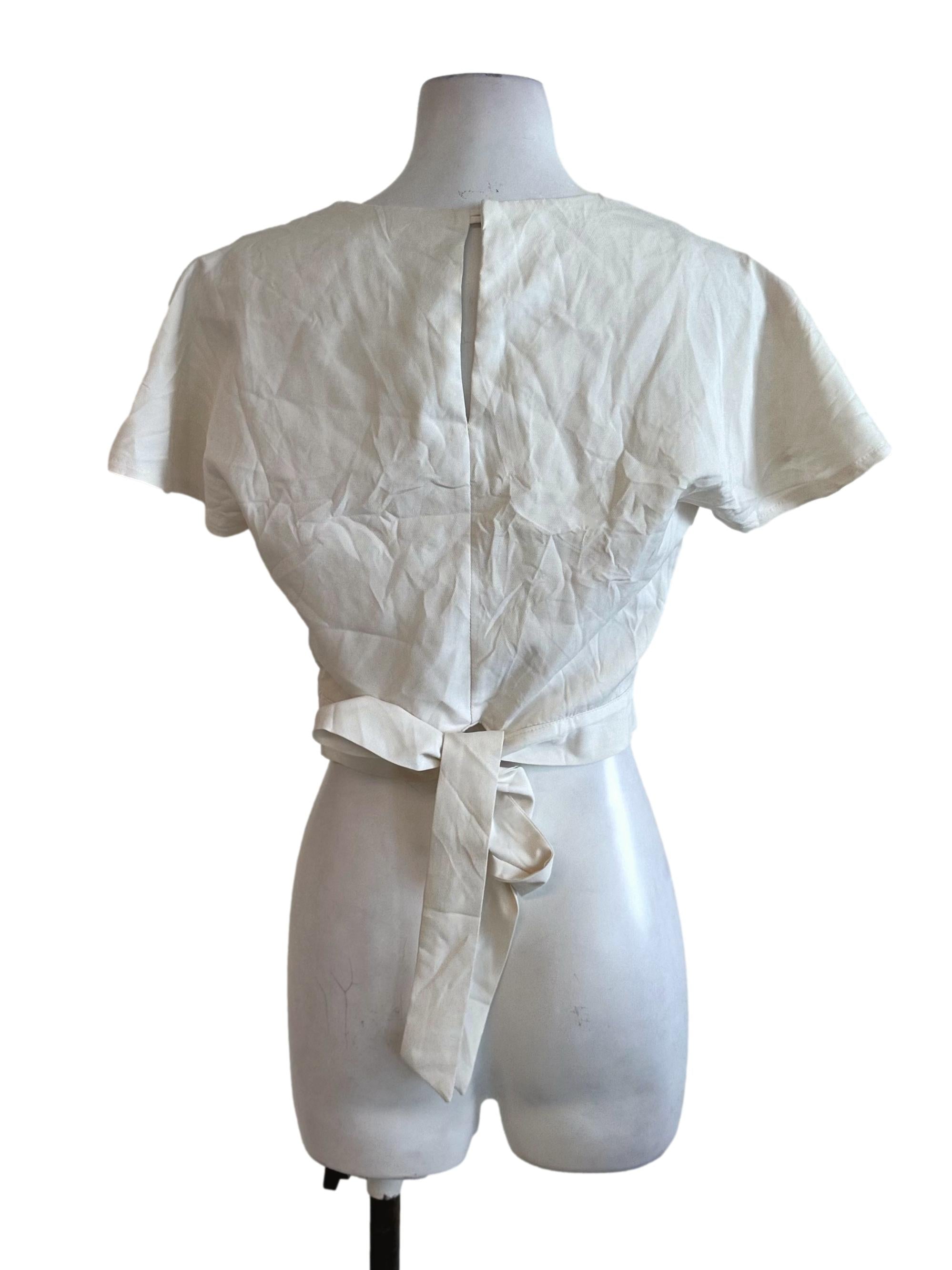 Oat White V Neck Overlap Back Tie Top