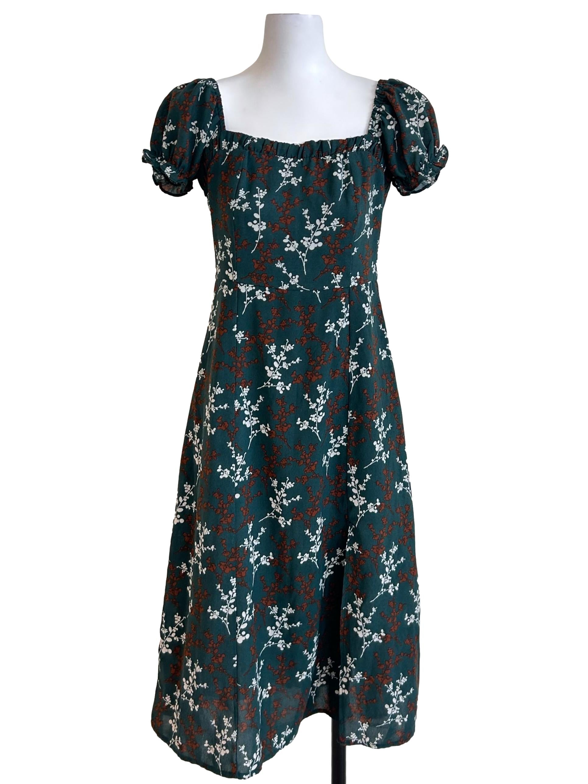 Floral Dark Green Puff-Sleeve Dress