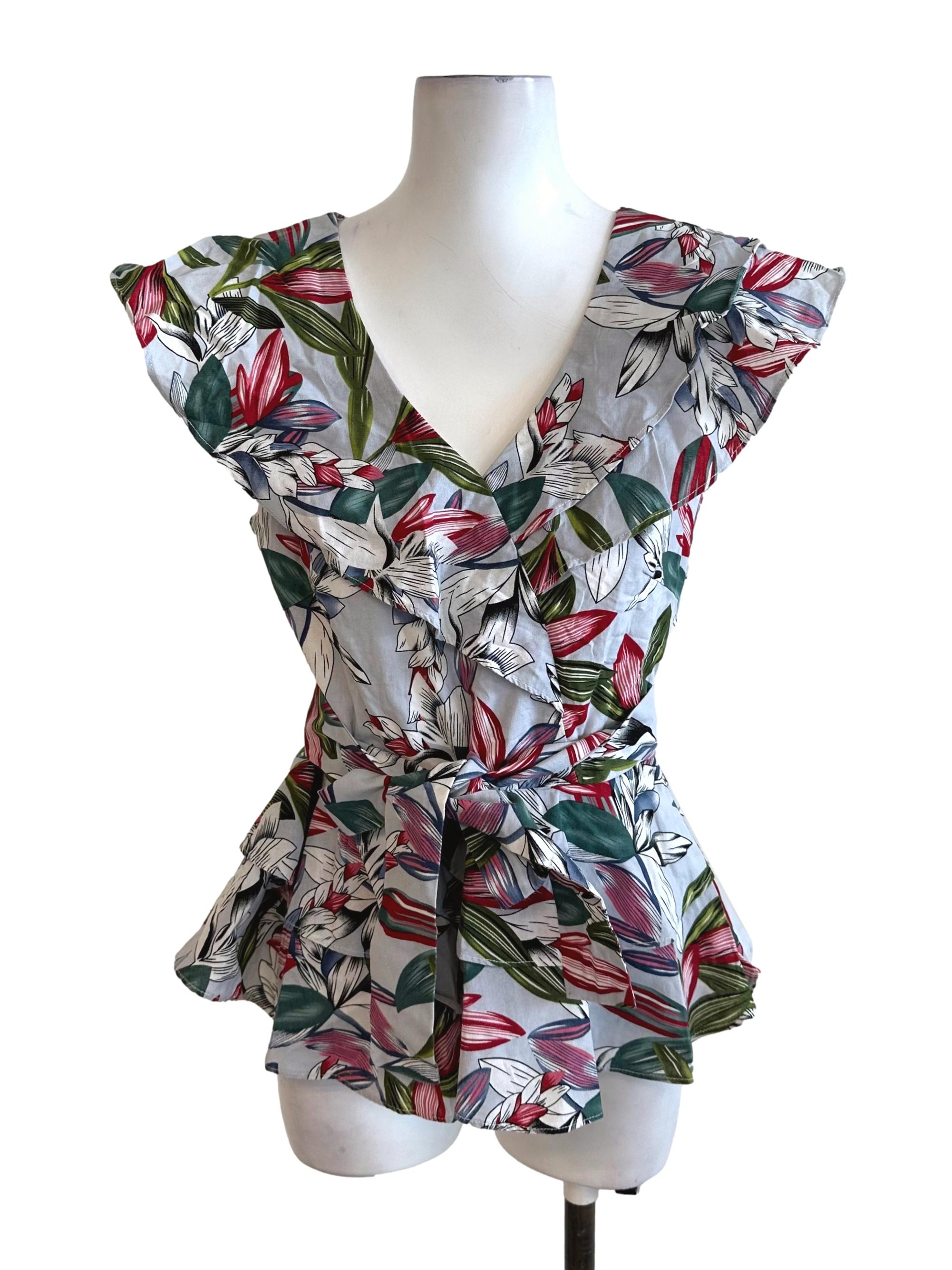 Light Blue Pattern V Neck Fitted Blouse TCL
