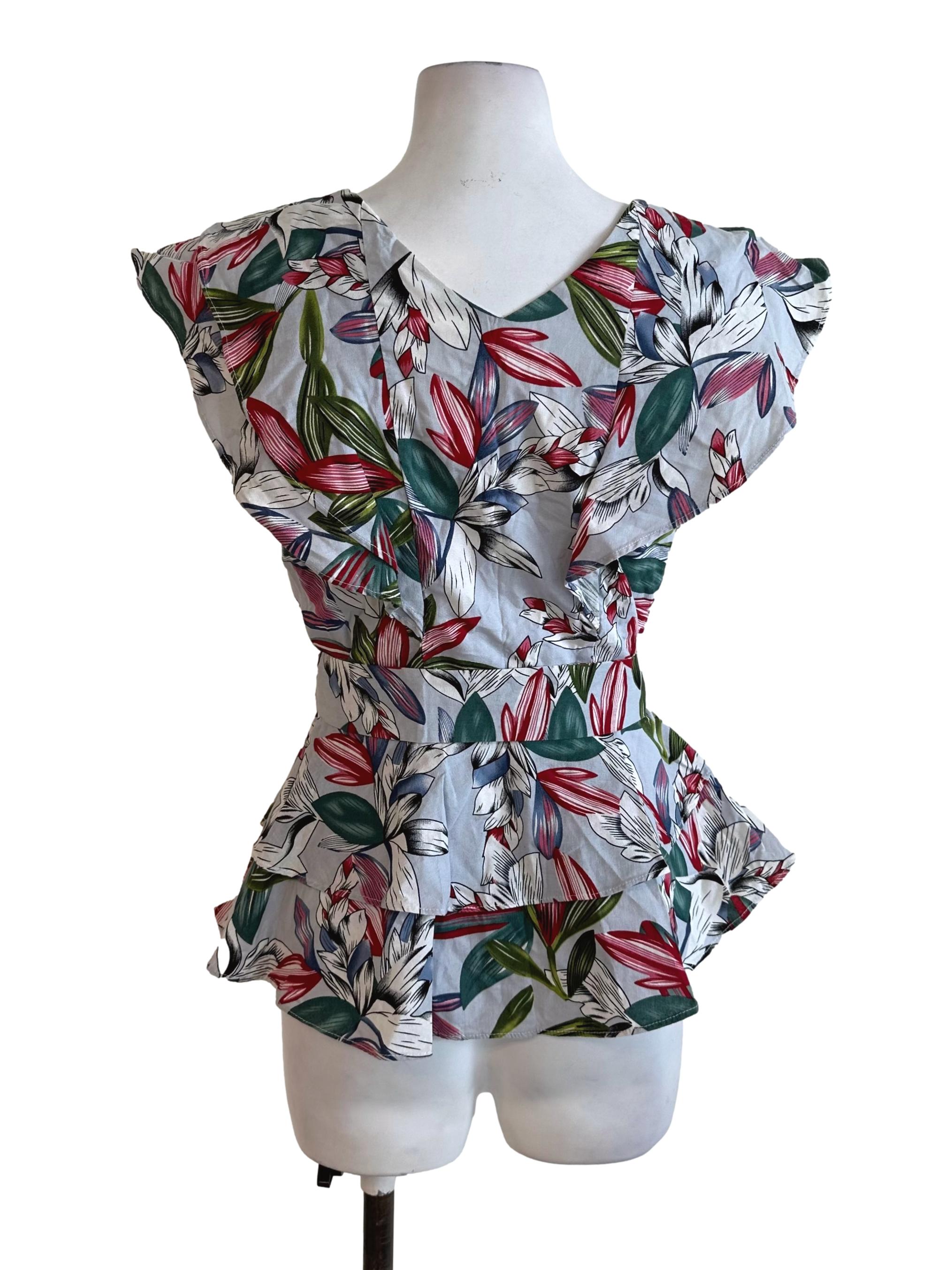 Light Blue Pattern V Neck Fitted Blouse TCL
