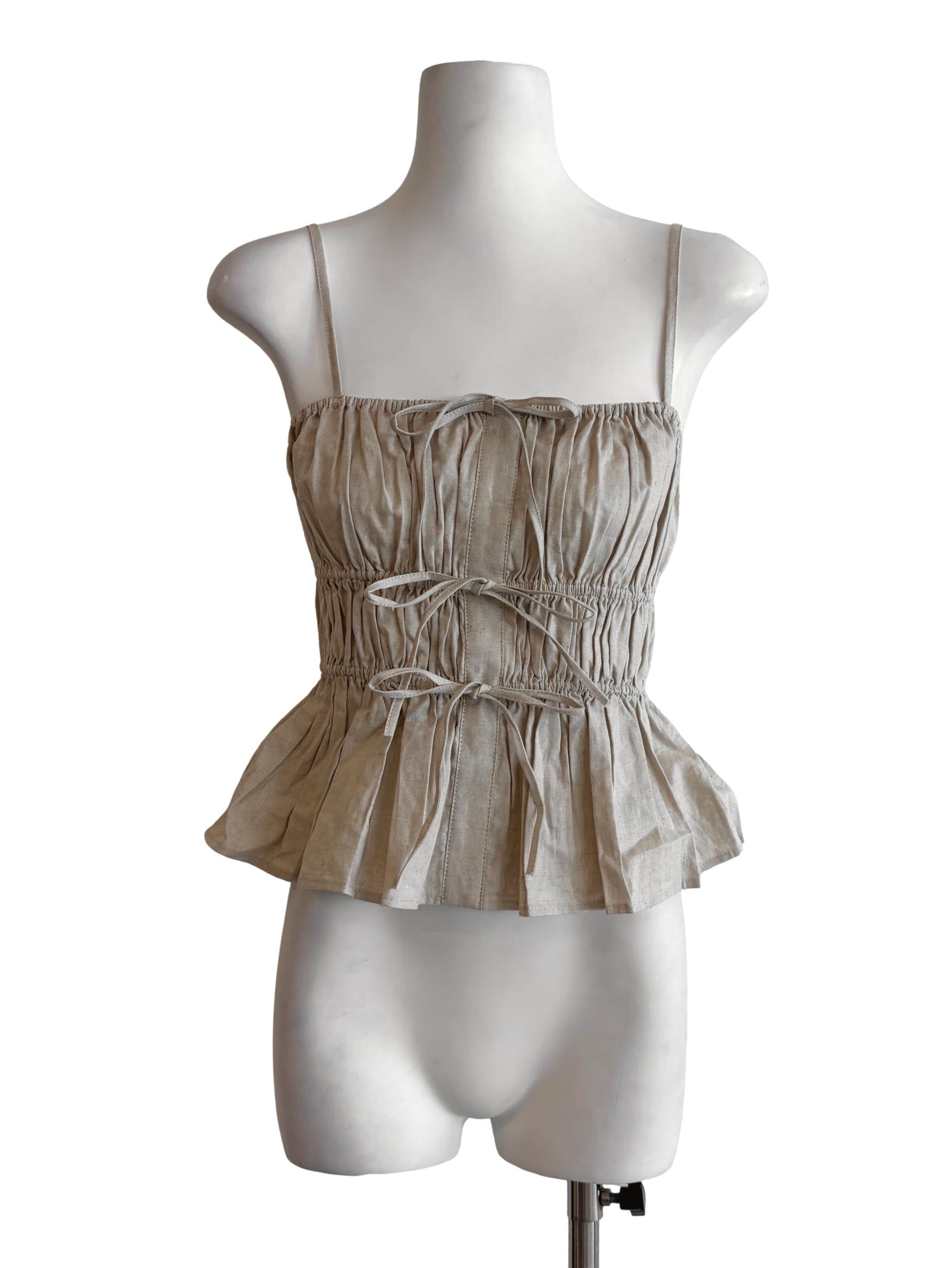 Khaki Ruched Spaghetti Strap Ribbon Top