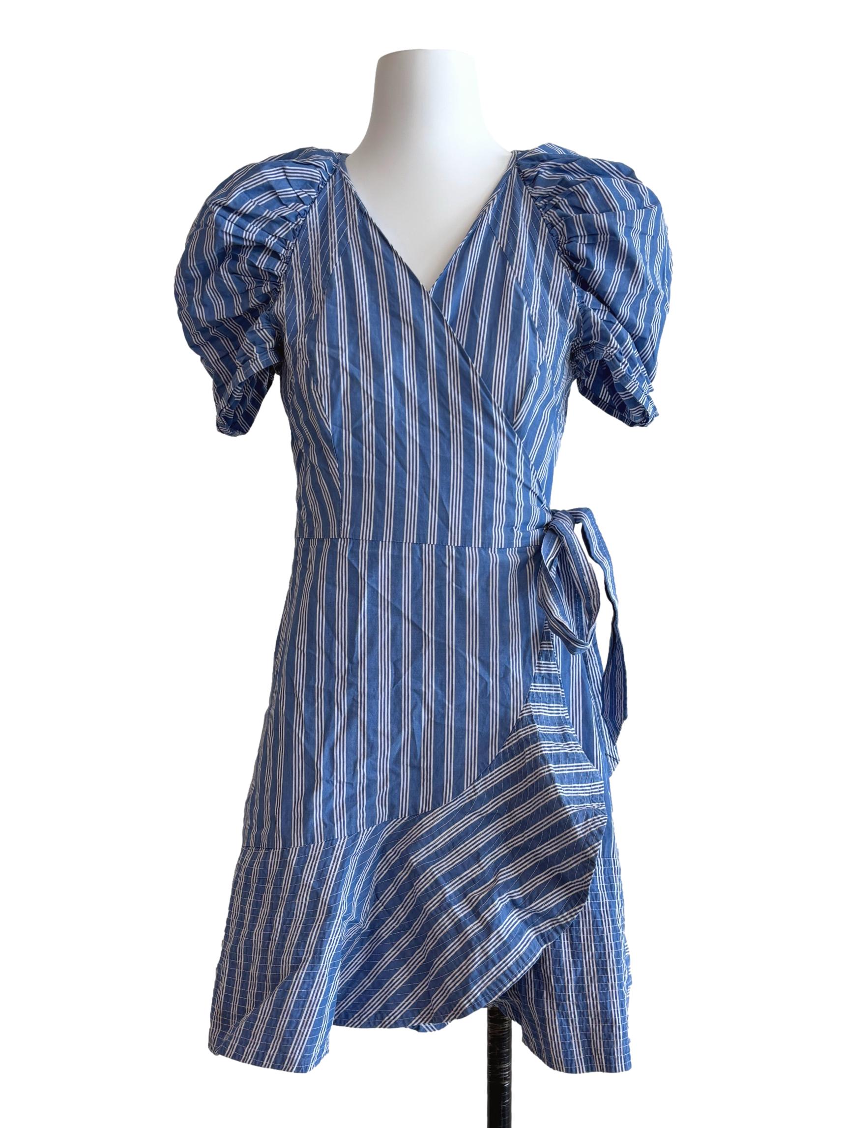 Cerulean Blue Striped Cotton Wrap Dress