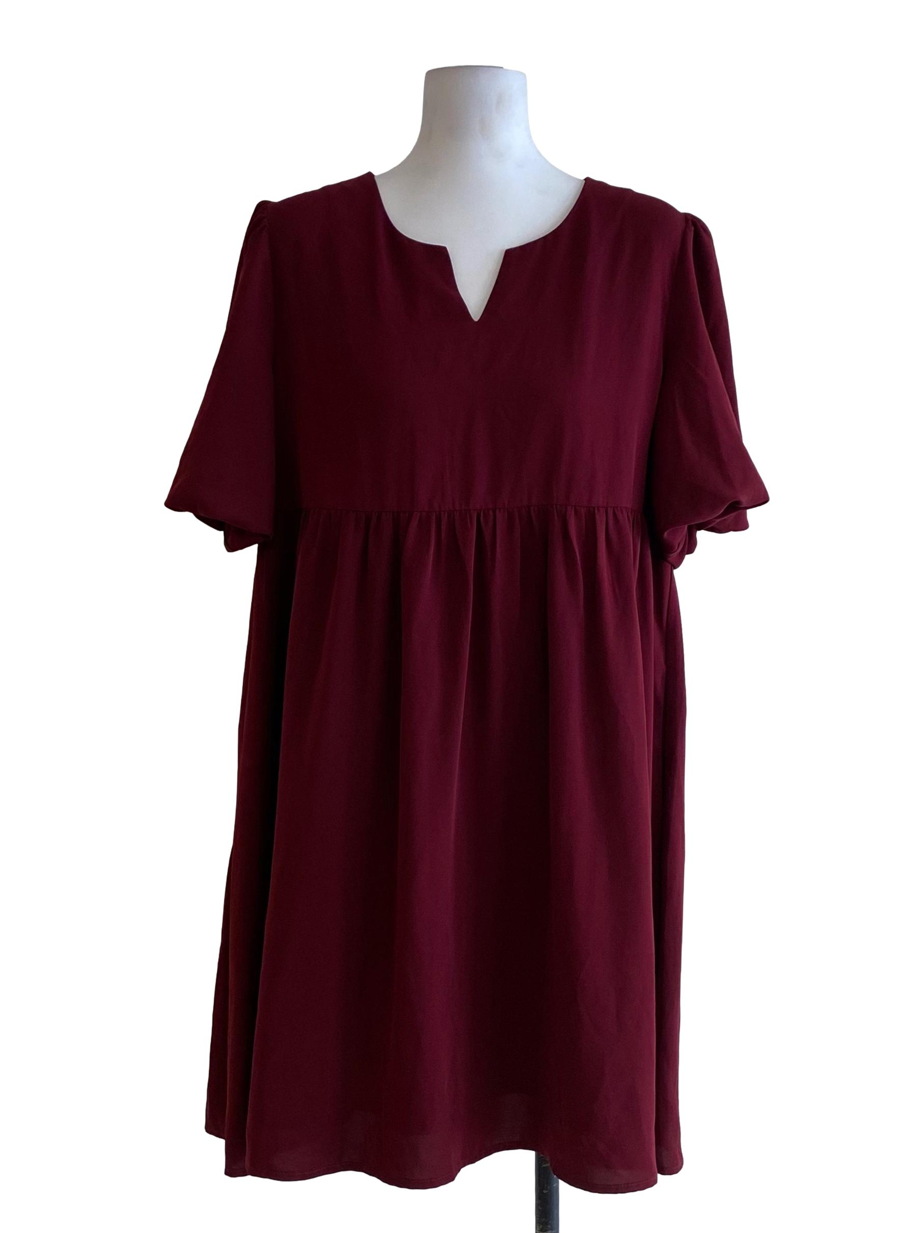 Wine Maroon Red V-Neck With Bubble Shoulder Tent Dress