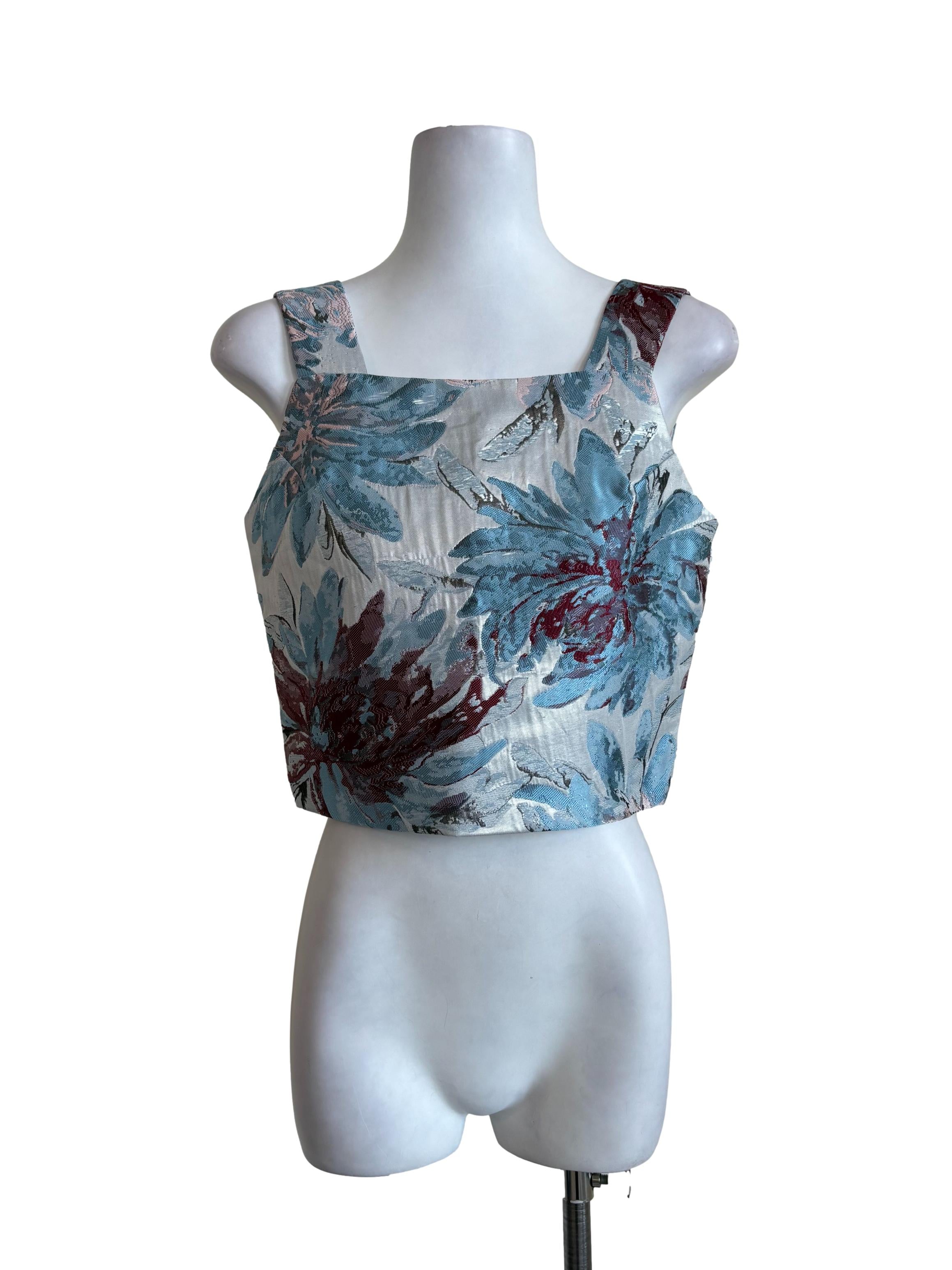 Blue Floral Brocade Top