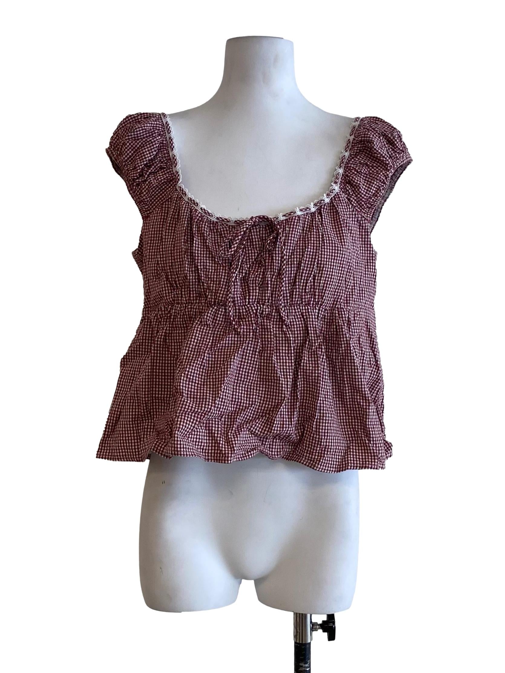 Blood Red With White Lace Gingham Top