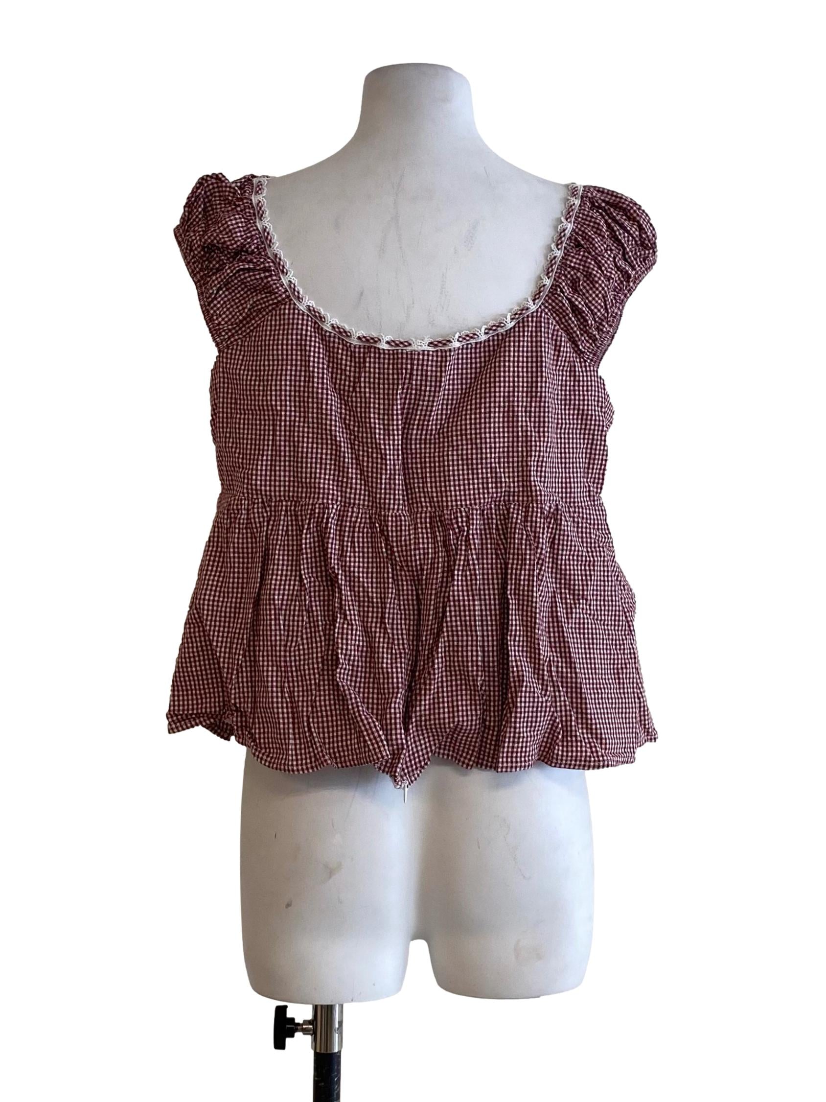 Blood Red With White Lace Gingham Top