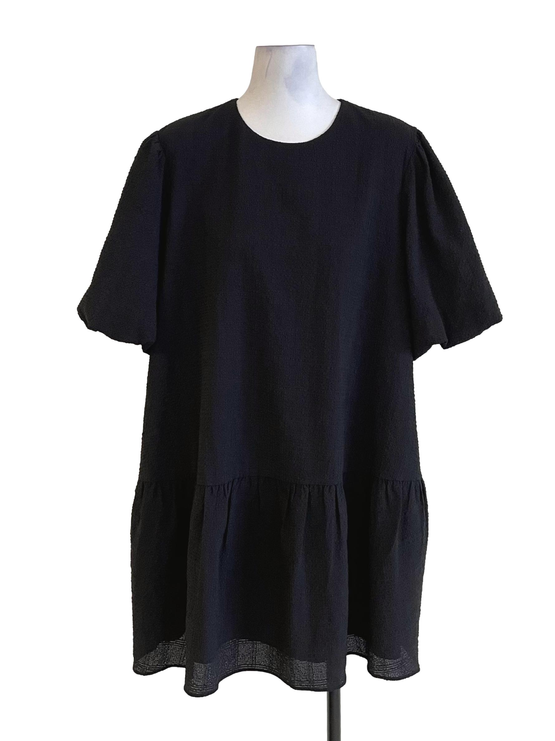 Black Textured Puff Sleeves Baggy Dress LB