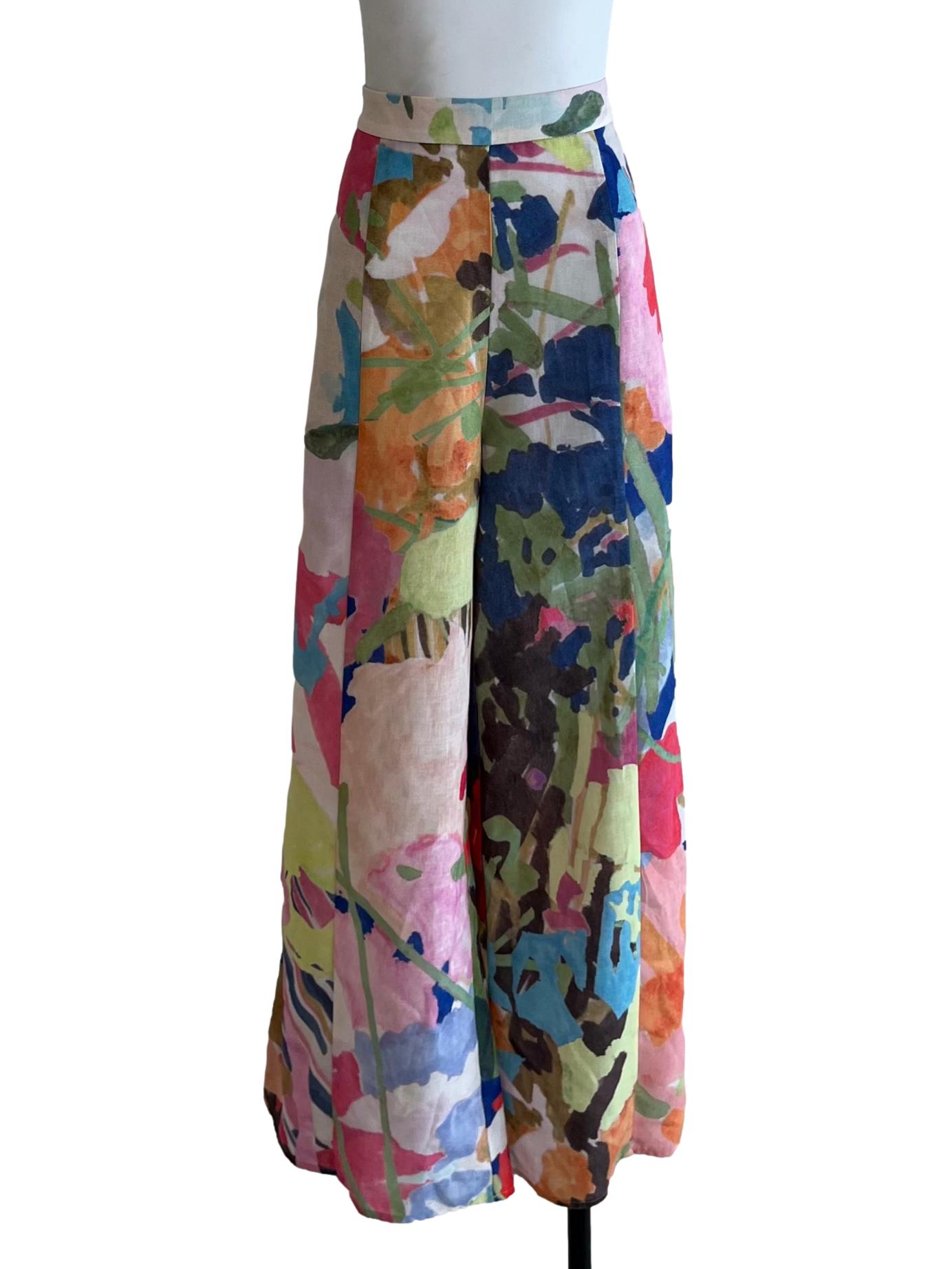 Creme White Multicolor Abstract Formal Pants