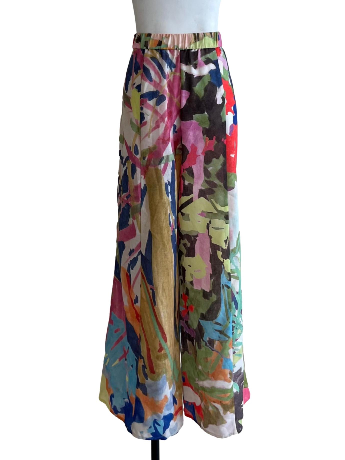 Creme White Multicolor Abstract Formal Pants