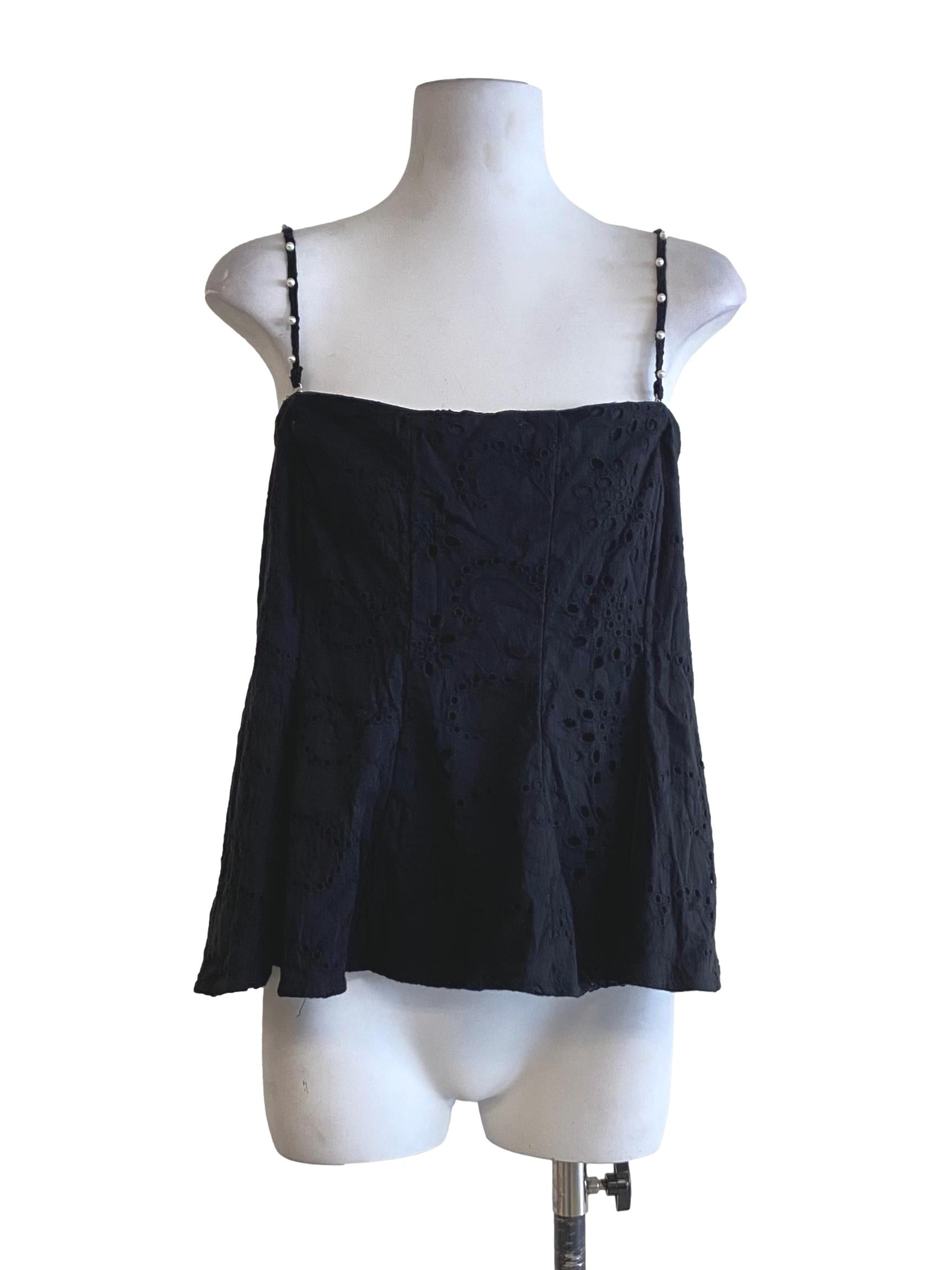 Raven Black Lace With Pearls On Strap Top