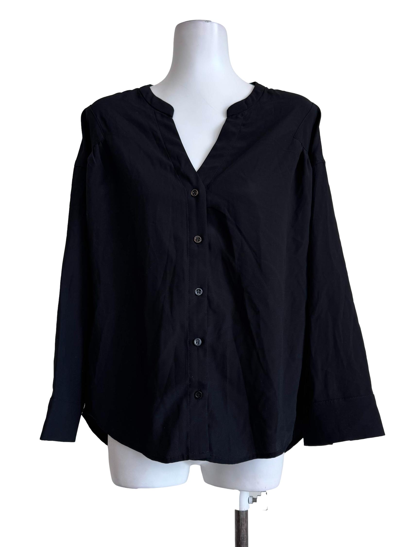 Ink Black V Neck Long Sleeve Blouse