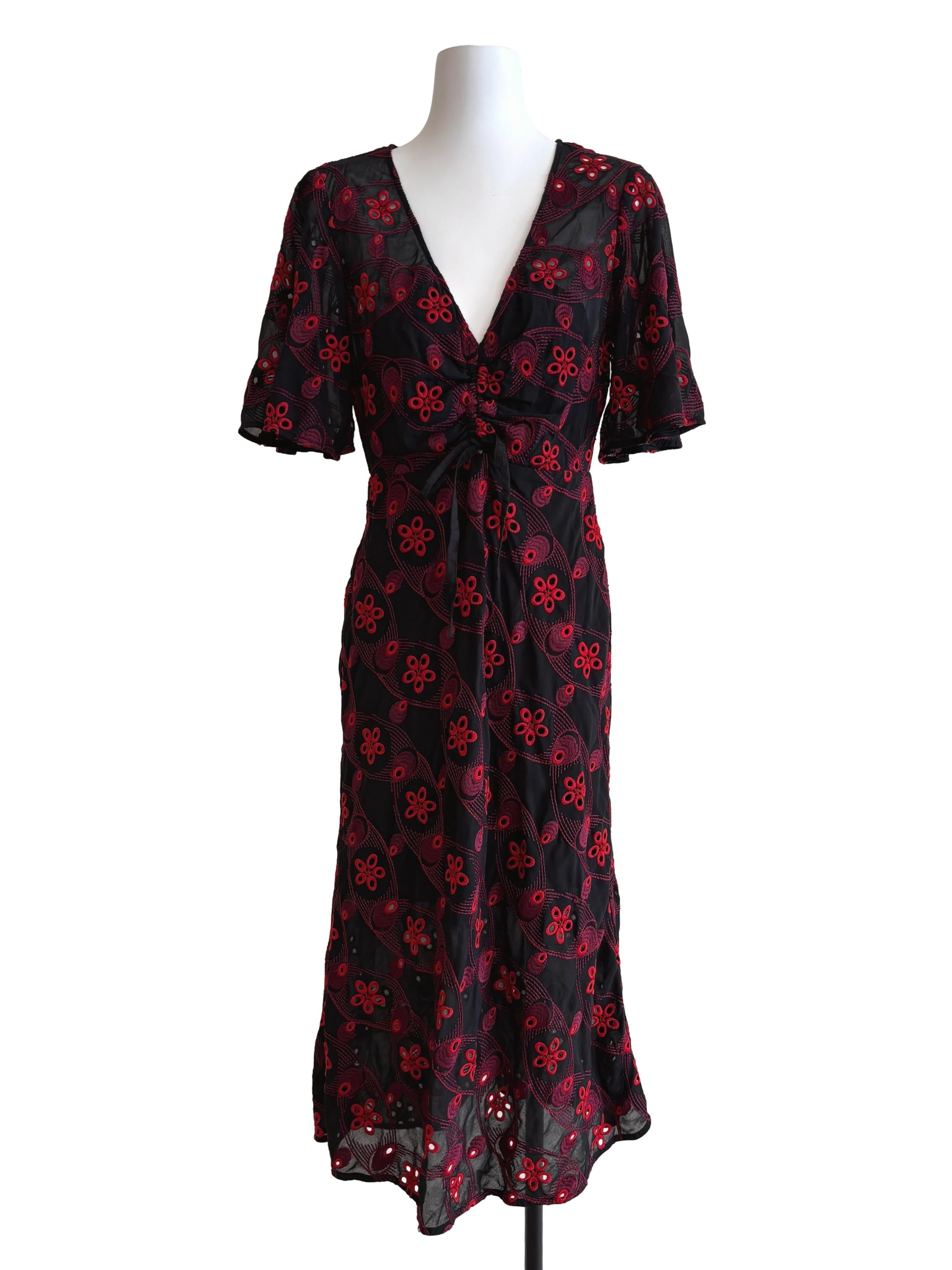 Raven Black Red Embroidered A-Line Dress