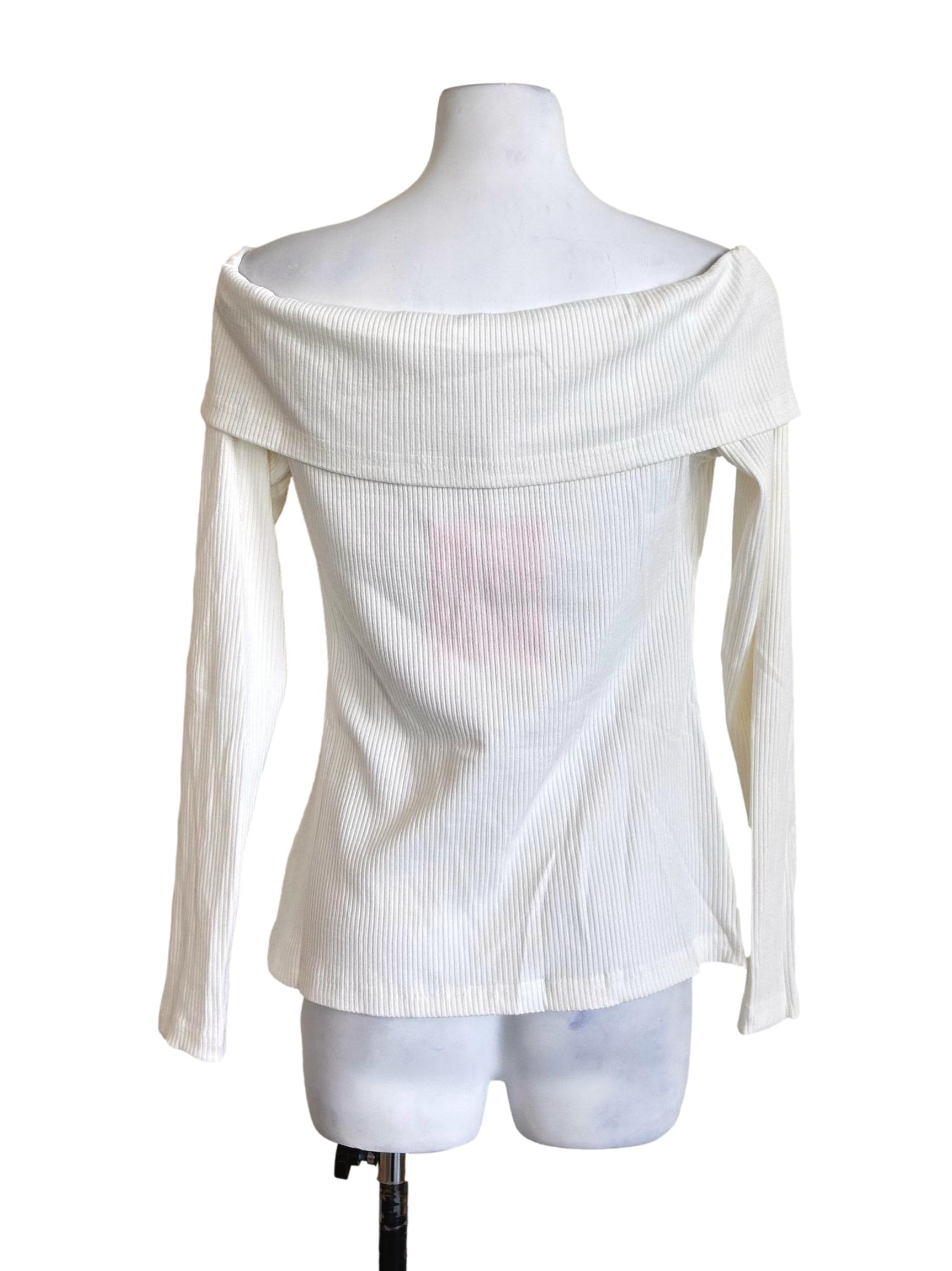 White Ribbed Off-Shoulder Long Sleeve Top