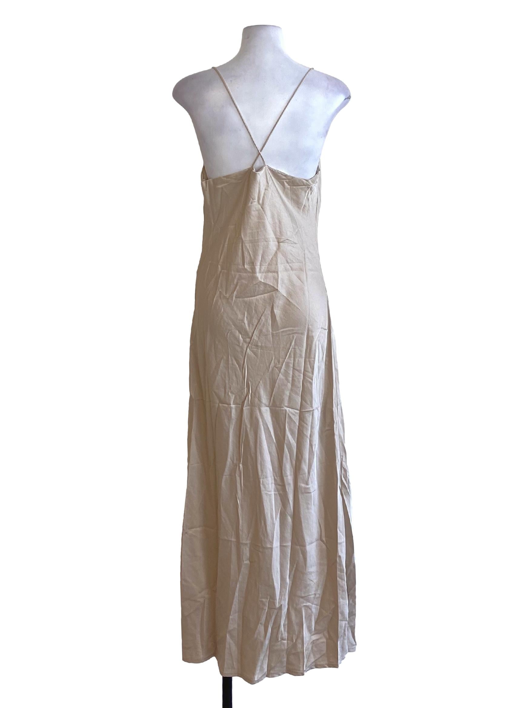 Beige Brown Draped Bust Spaghetti Strap Slip Dress TEM