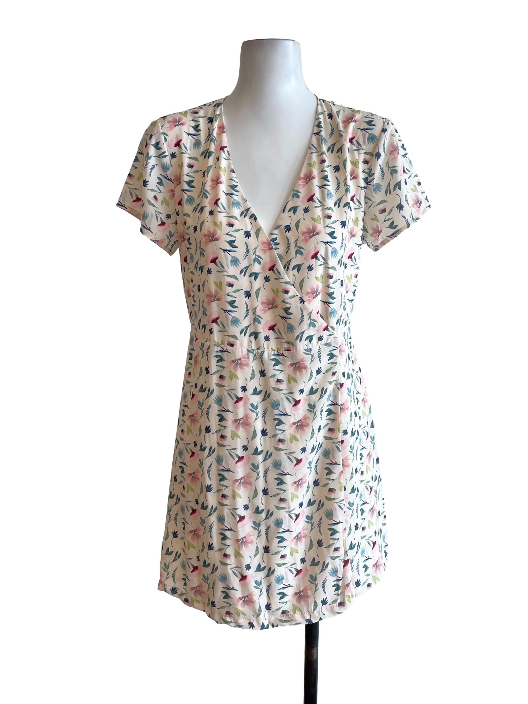 Cream Floral Wrap Dress