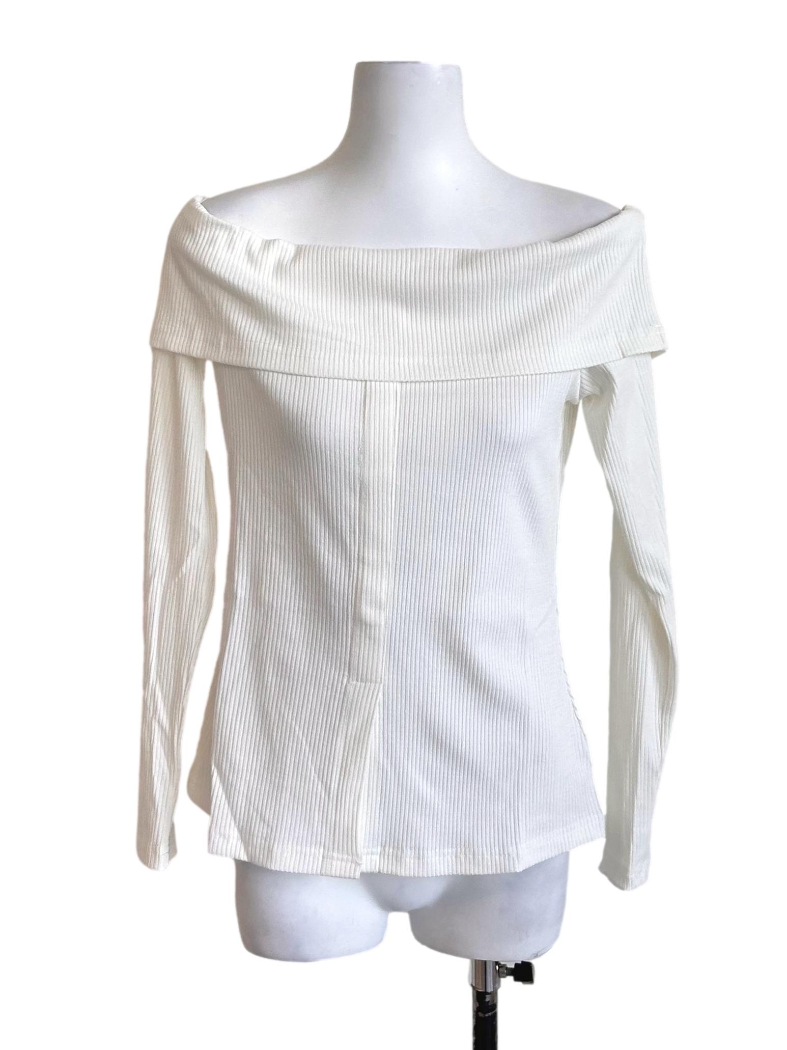 White Ribbed Off-Shoulder Long Sleeve Top
