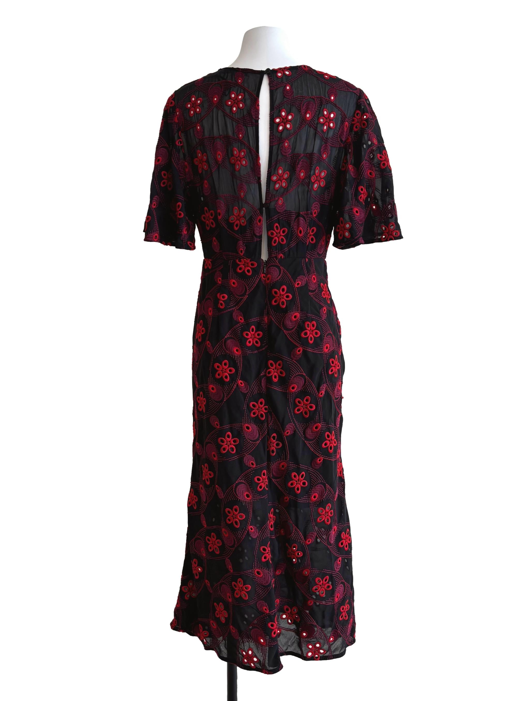 Raven Black Red Embroidered A-Line Dress