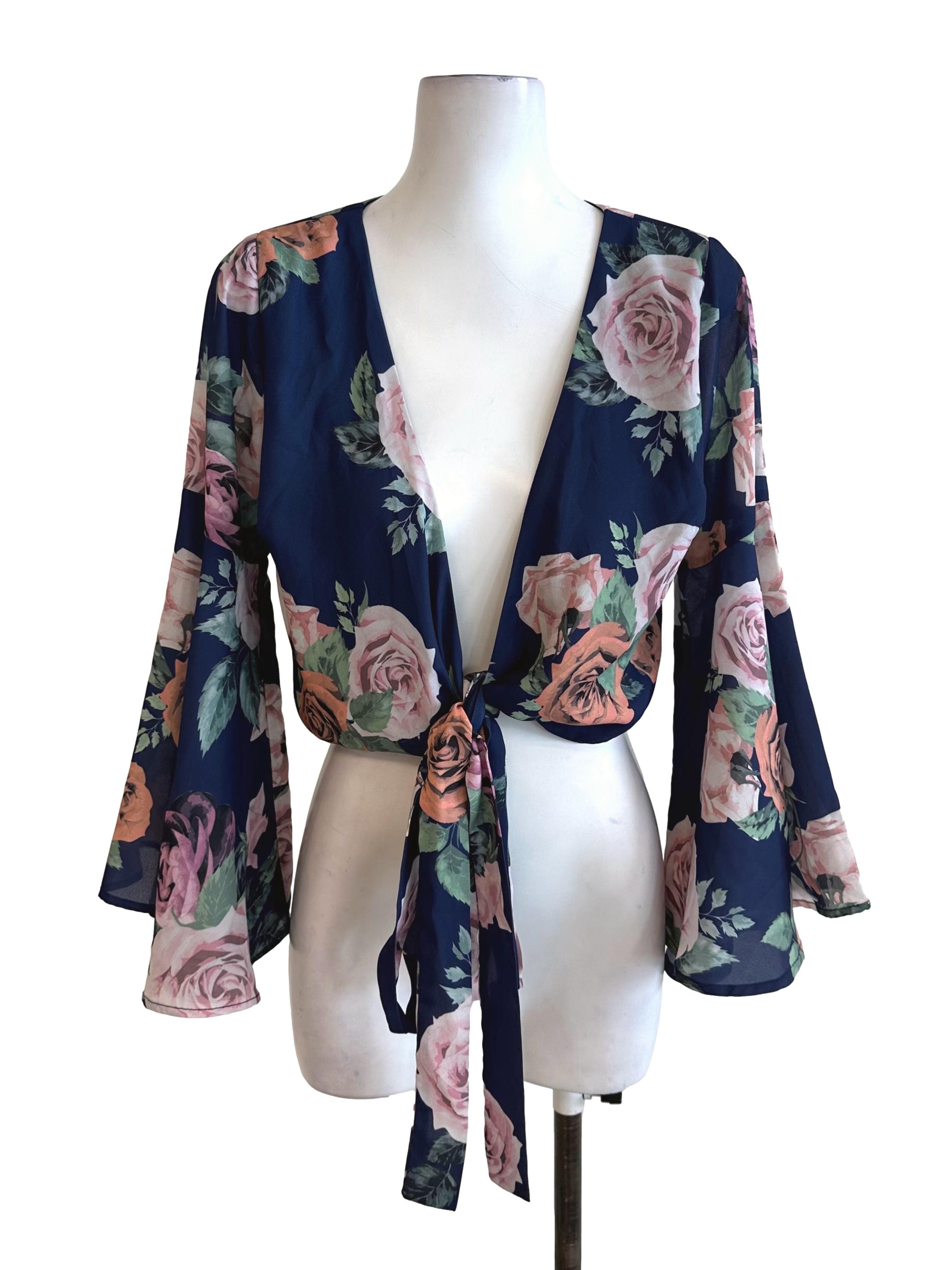 Navy Blue Floral Front Tie Cardigan