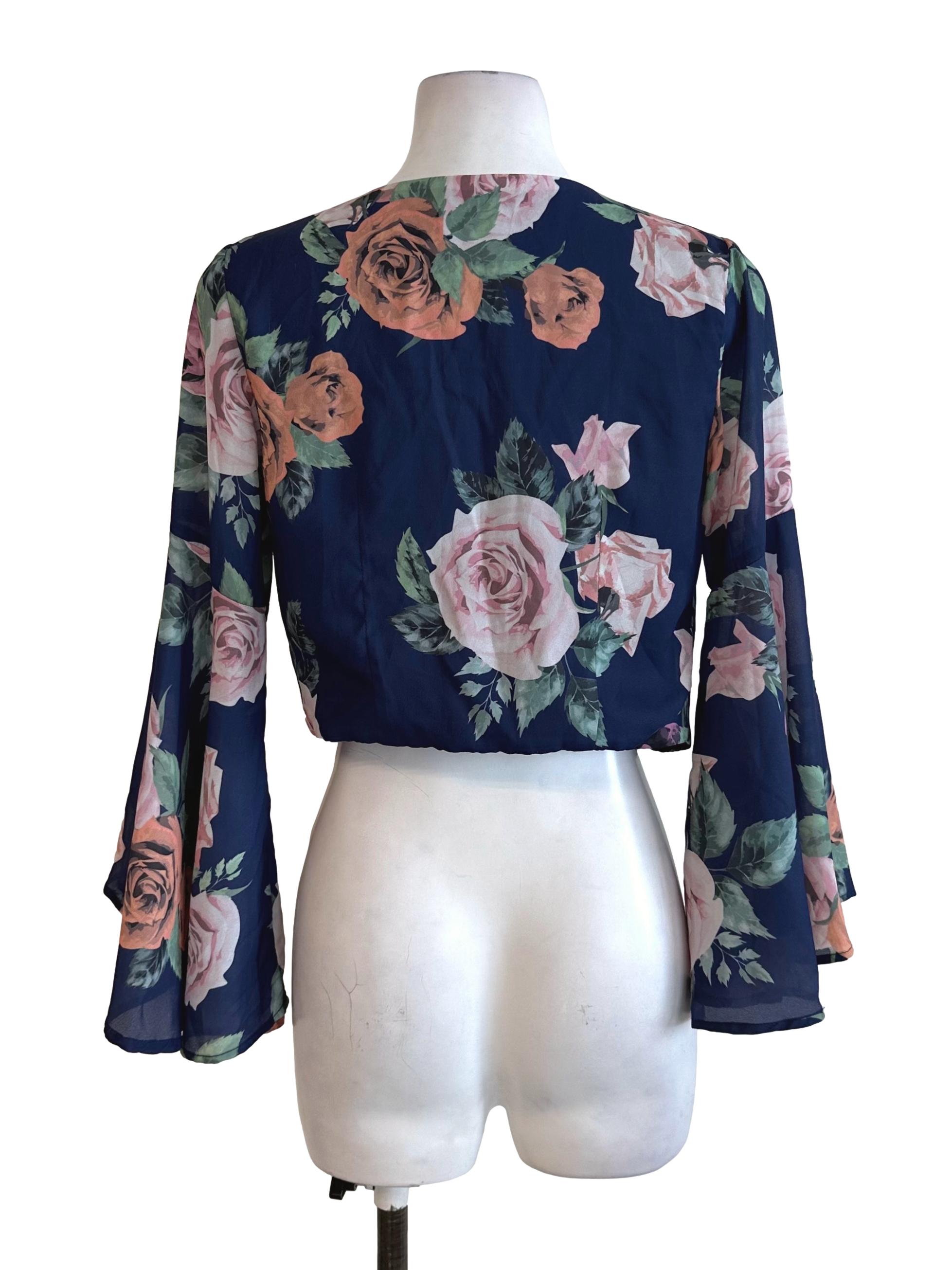 Navy Blue Floral Front Tie Cardigan