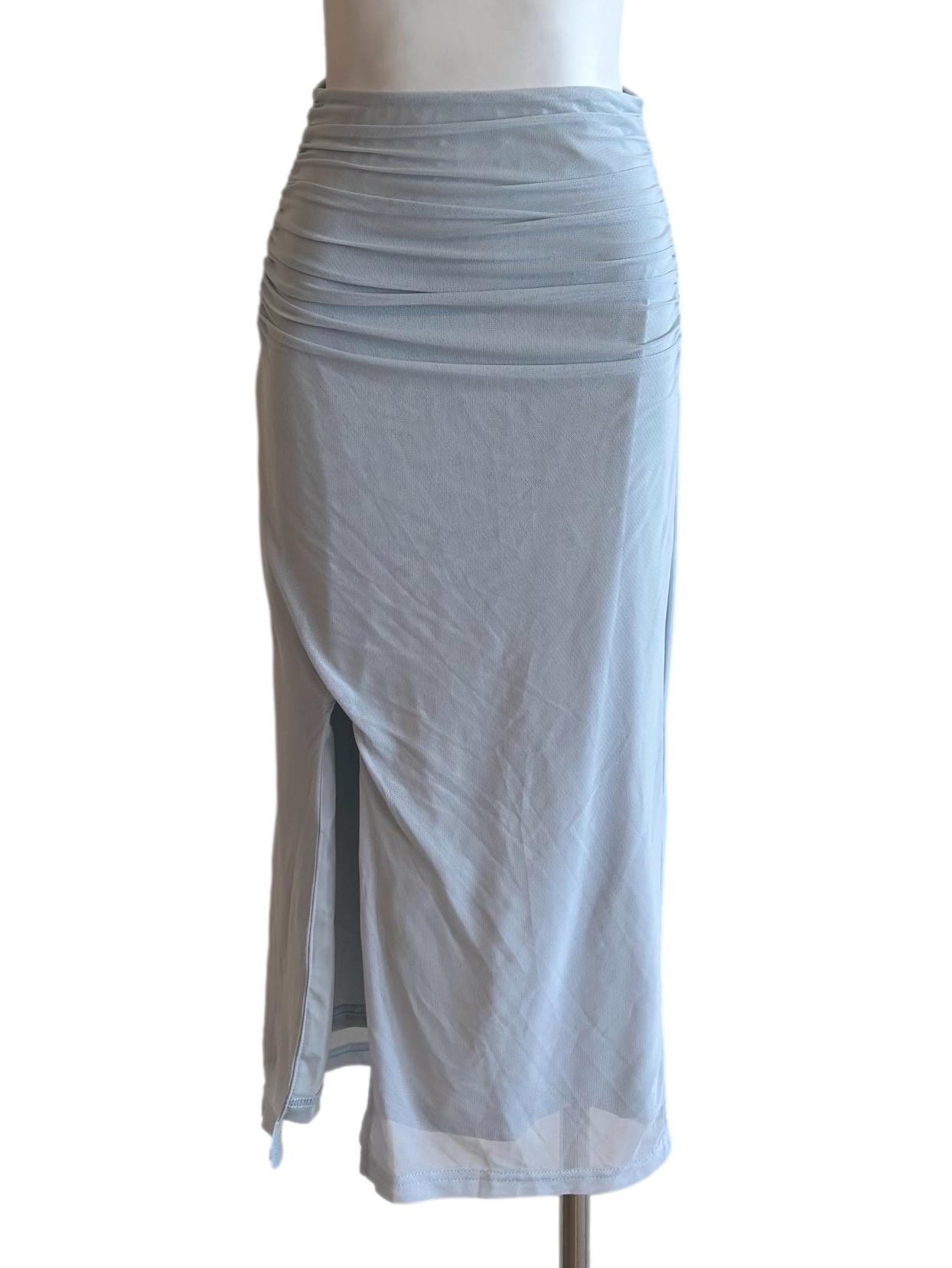Sky Blue Ruched Slit Mesh Skirt