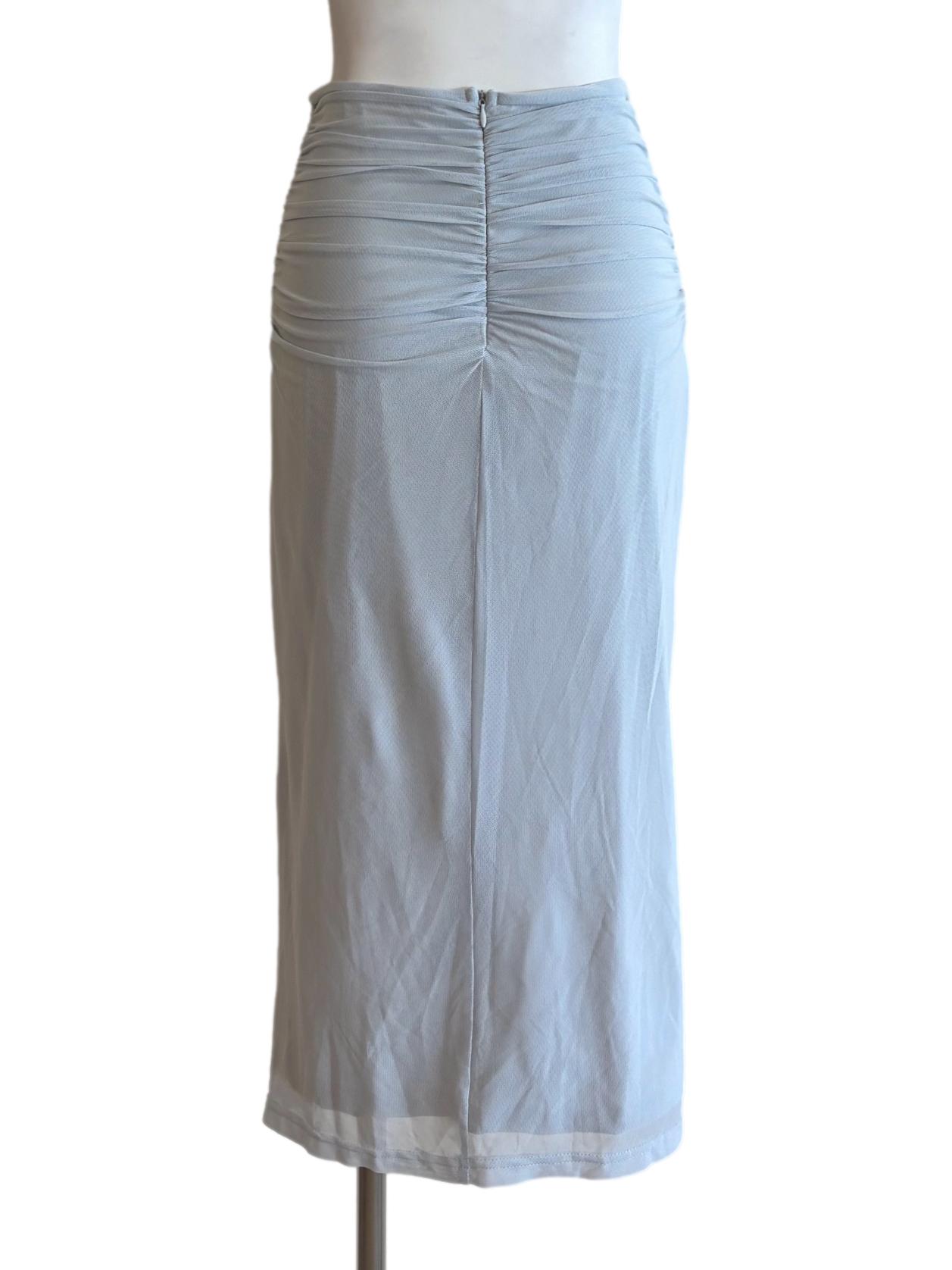 Sky Blue Ruched Slit Mesh Skirt