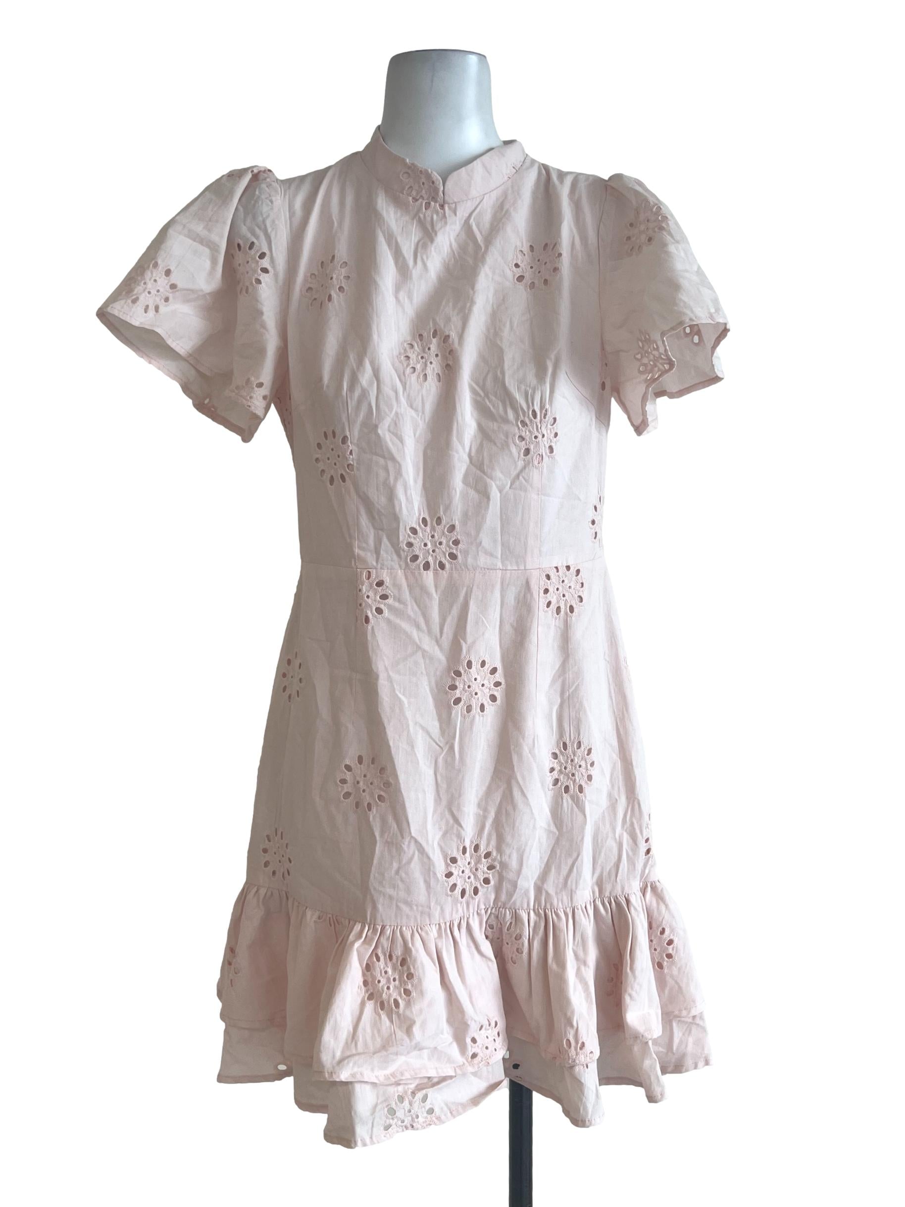 Pink High Neck Embroidered Dress