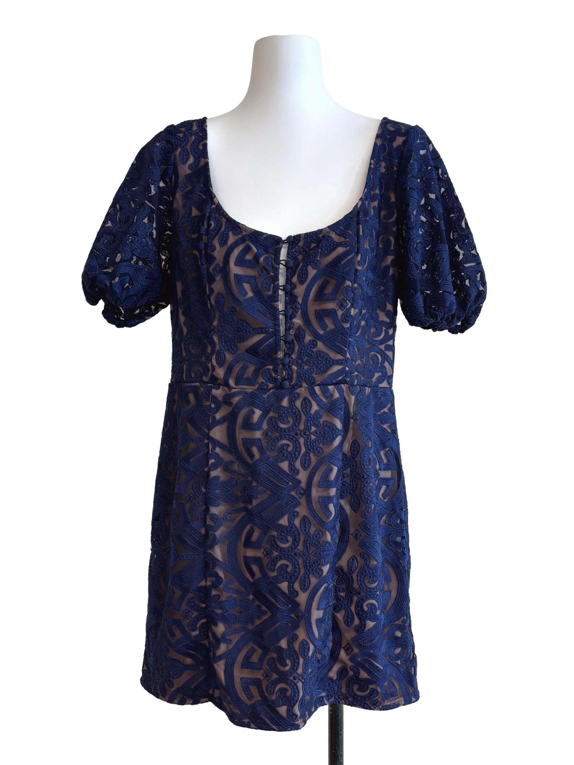 Navy Blue Textured Lace A-Line Dress