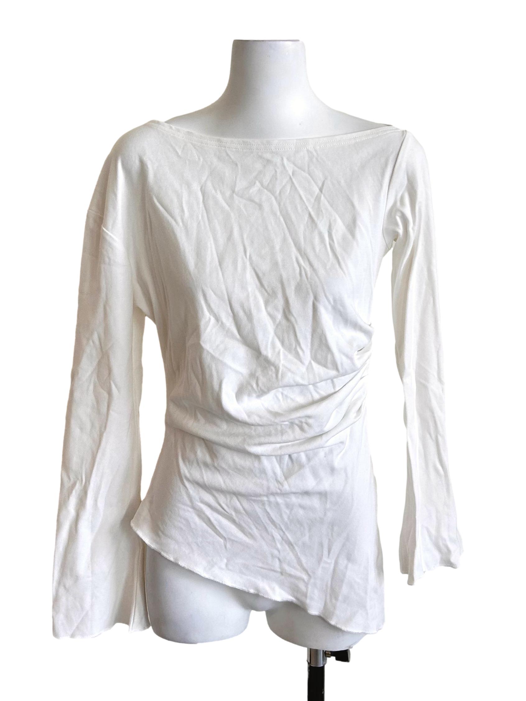 White Ruched Asymmetrical Boat Neck
