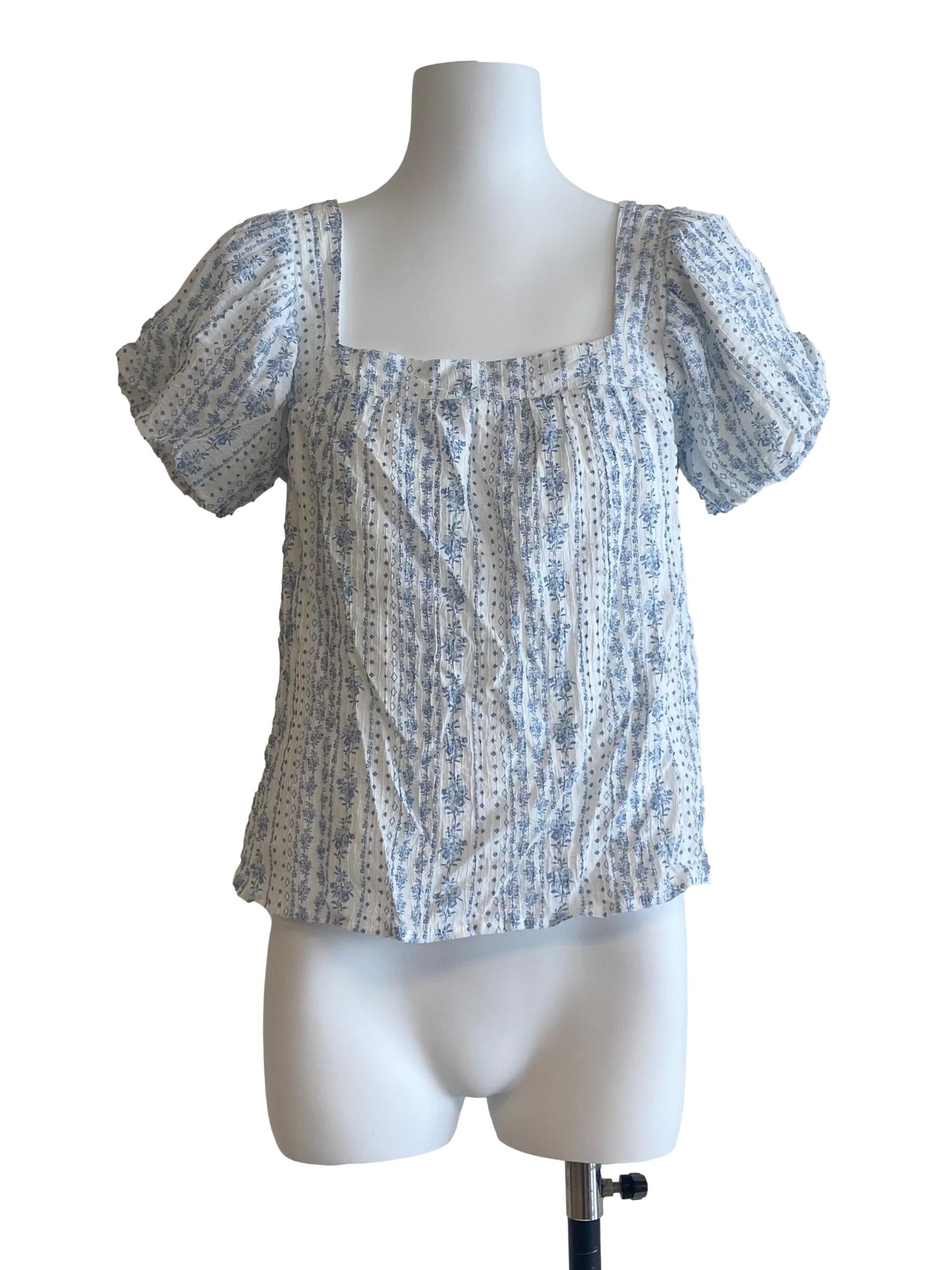 Sky Blue White Floral Blouse