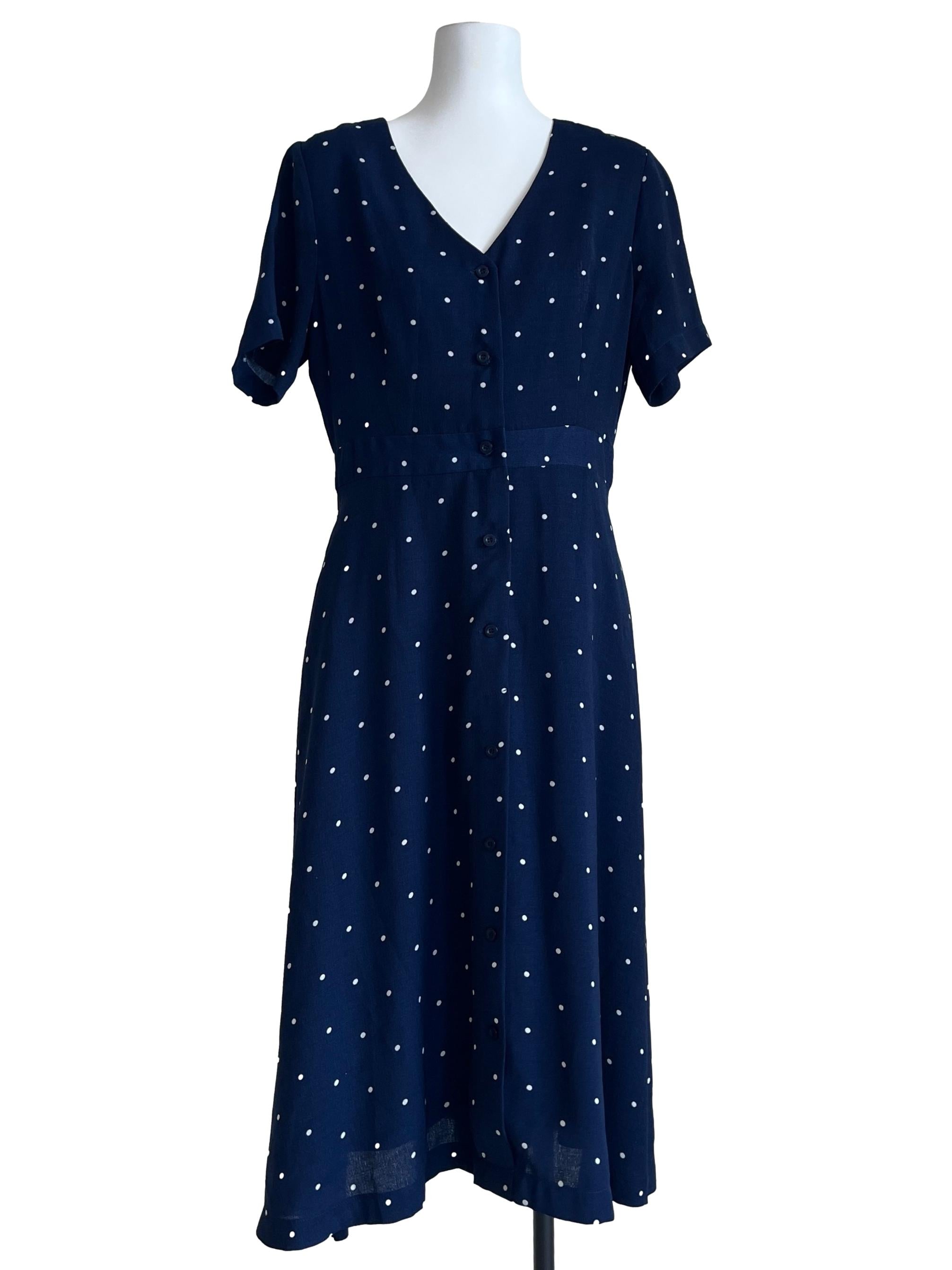 Peacock Blue V-Neck Polkadot A-Line Dress