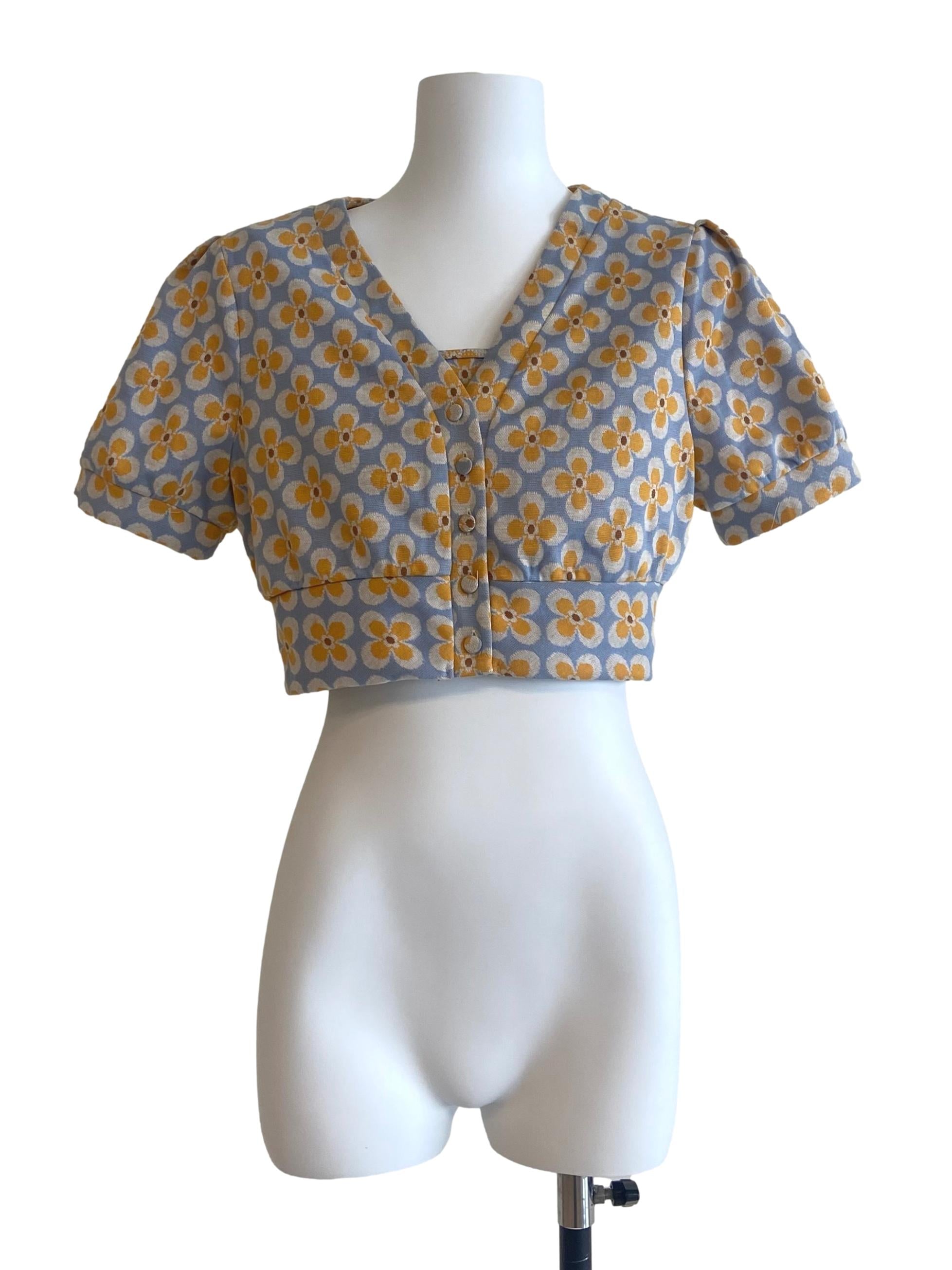 Stone Blue Yellow Floral V-Neck Crop Top